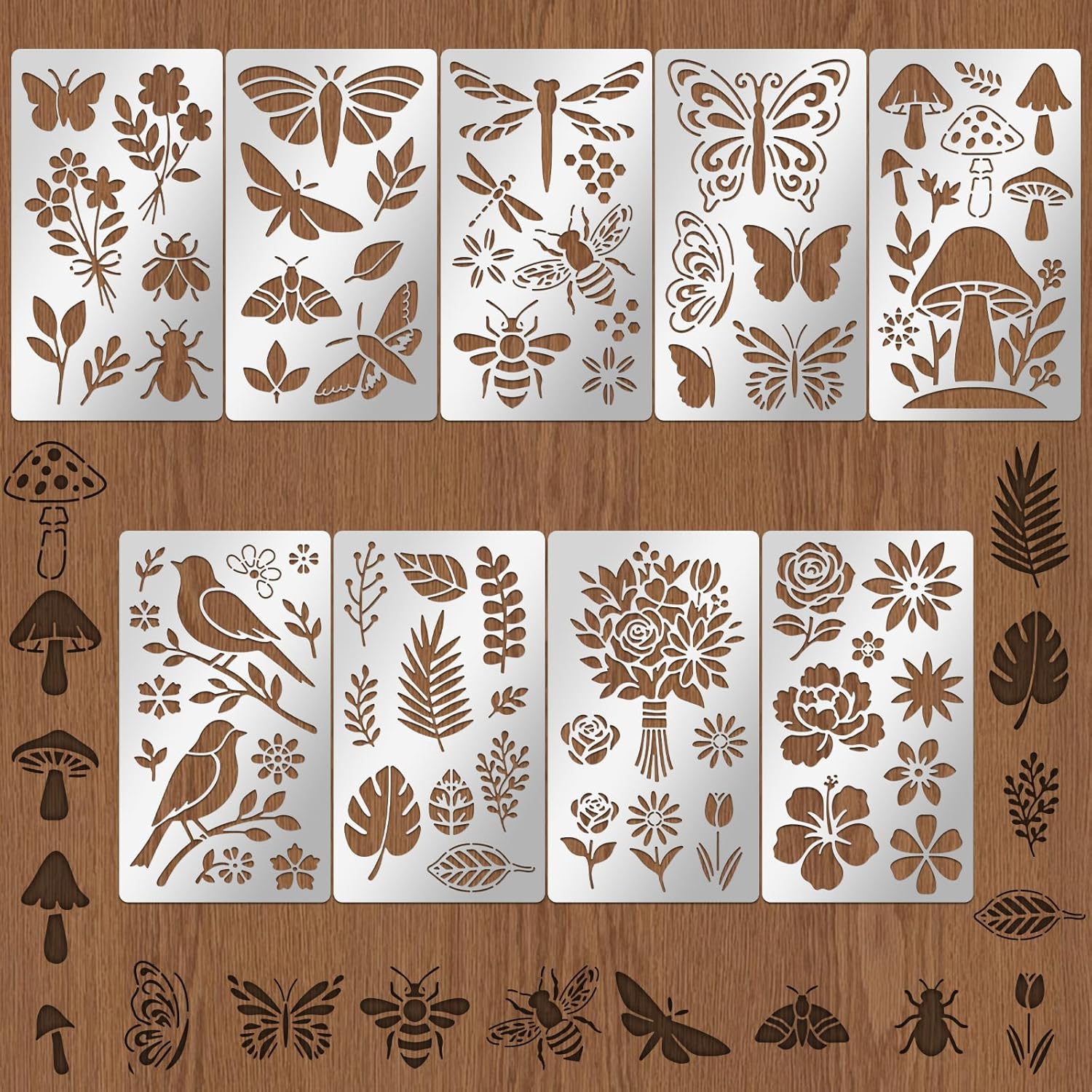 9PCS Metal Stencils Wood Burning Stencil Plant and Insect Mixed Metal Stencil Butterfly Flower Stencils for Journaling Engraving Templates for Wood Carving Drawing Scrapbooking Craft DIY