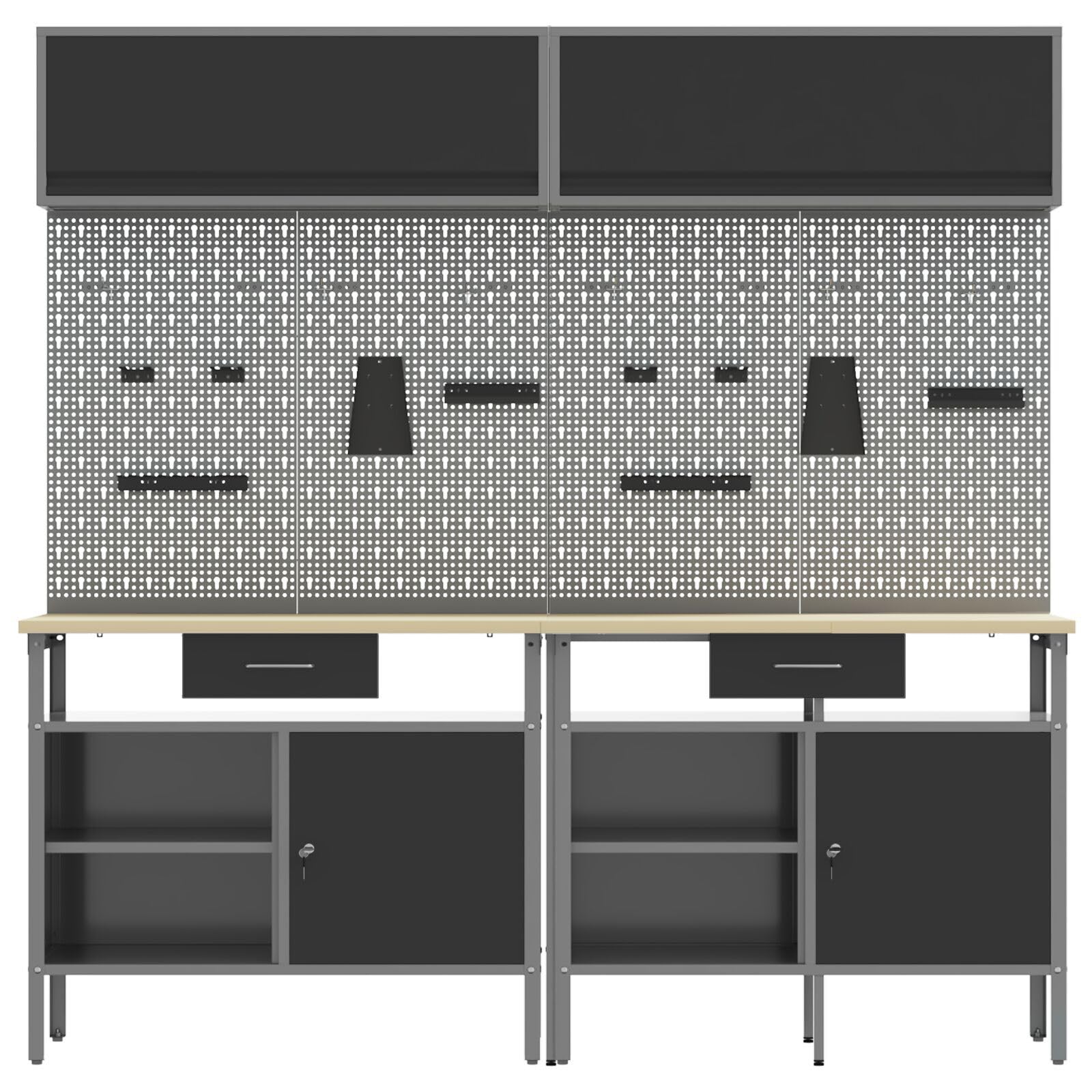 vidaXL Ensemble d'établi 8 pcs Noir et Gris Acier Enduit de Poudre, Organisation d'atelier, Banc de Travail rectangulaire, étagères Solides, Surface réglable, Solutions de Rangement d'outils