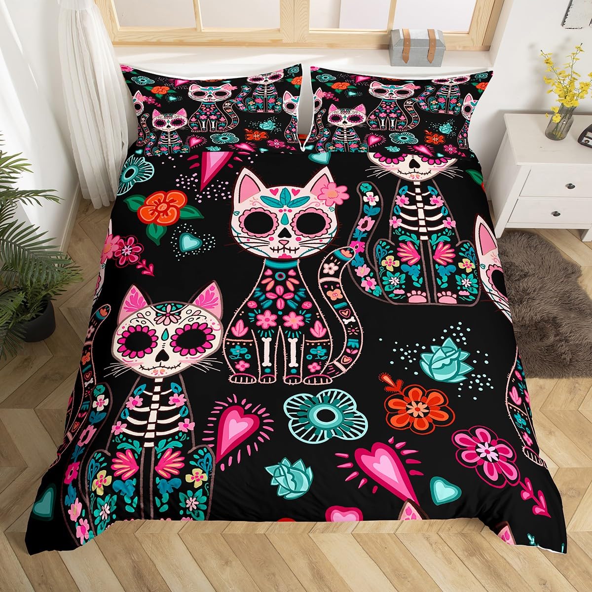 Feelingyou Black Exotic Cats Duvet Cover Double Size,Sugar Skull Halloween Animal Skeleton Bedding Set 3 Pcs For Kids Teens,Bohemian Flowers Western Tribal Comforter Cover(No Filler), Quilt Cover