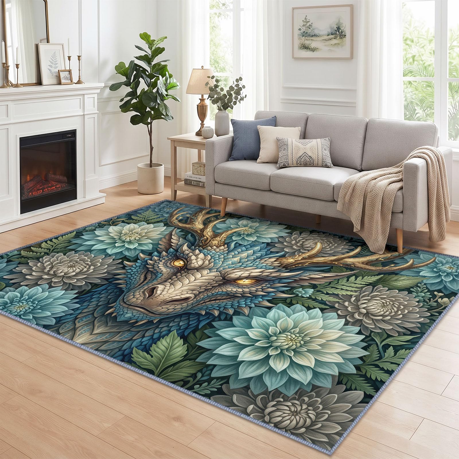 Générique Lavable en Machine Tapis Salon 140x200 cm, Dragon Floral Antidérapant à Poil Ras Tapis, Moderne Fantaisie Décoration Écologique pour Salle à Manger Couloir Chambre Bureau