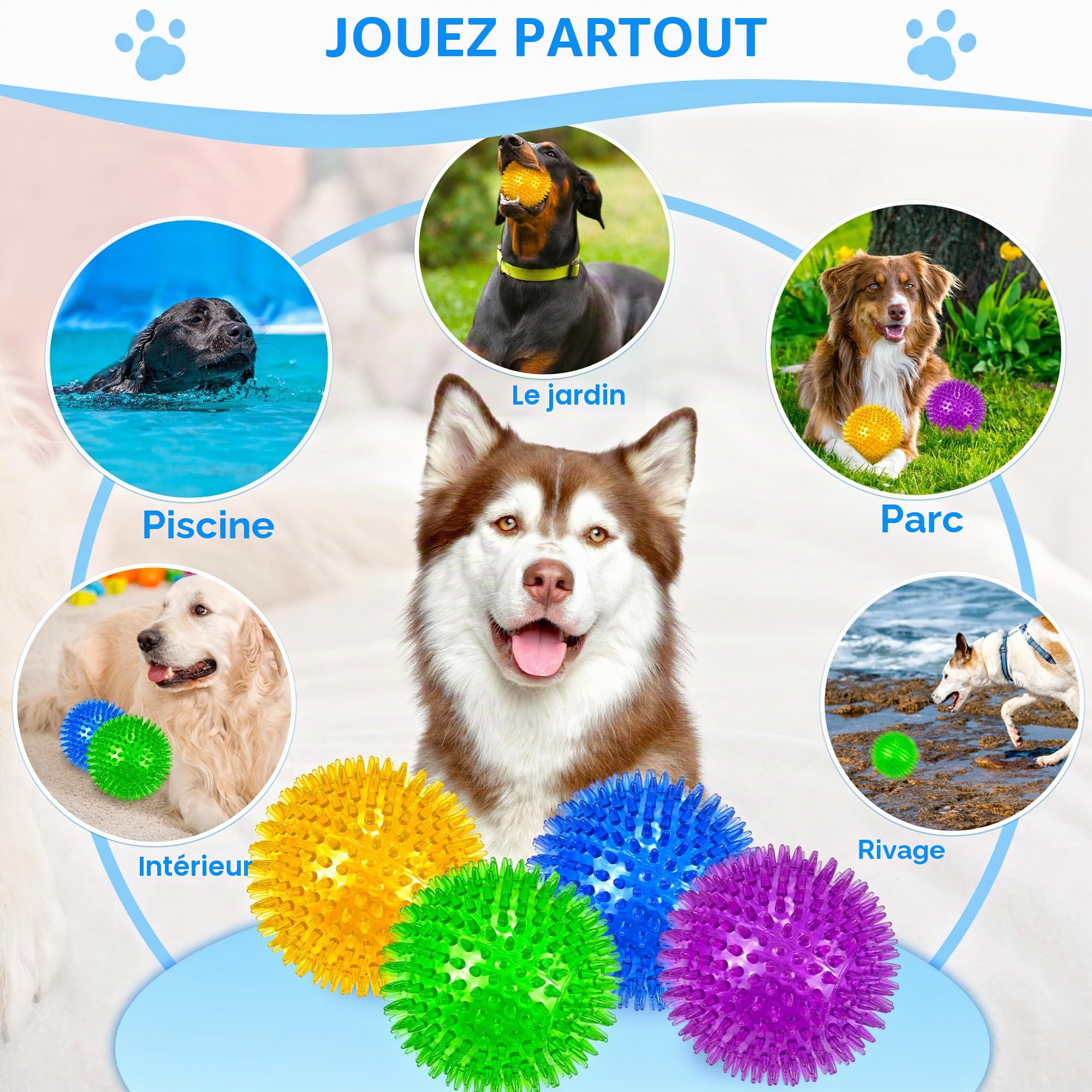 LECHONG Lot de 4 Grandes balles couinantes pour Chiens, 12 cm balles piquées résistantes, Jouet à mâcher pour Mastication Agressive, Nettoyage Dentaire et entraînement