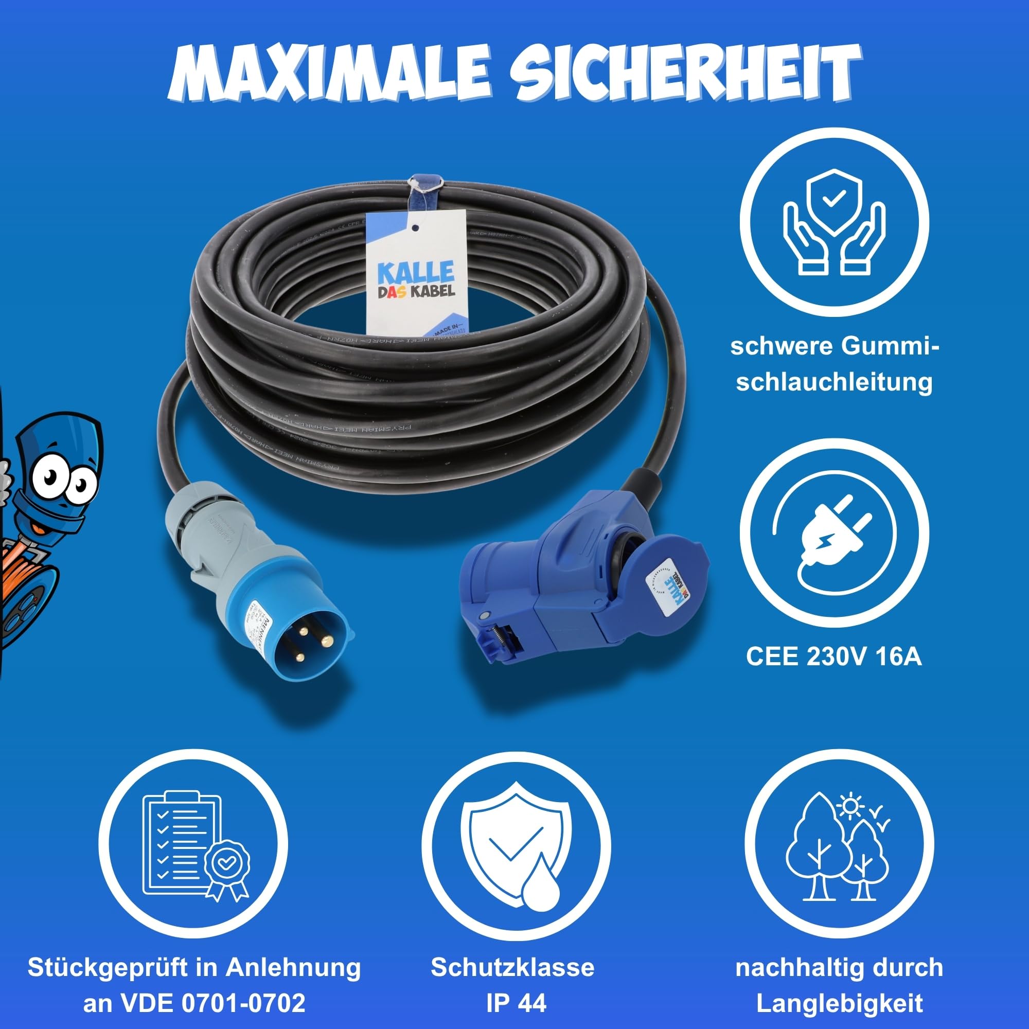 KALLE DAS KABEL CEE Verlängerungskabel 230V 16A – H07RN-F 3G 2,5 mm², CEE Stecker auf CEE Winkelkupplung mit Schukosteckdose & LED Spannungsanzeige, IP44, Schwarz Gummi, Camping Caravan 25 Meter