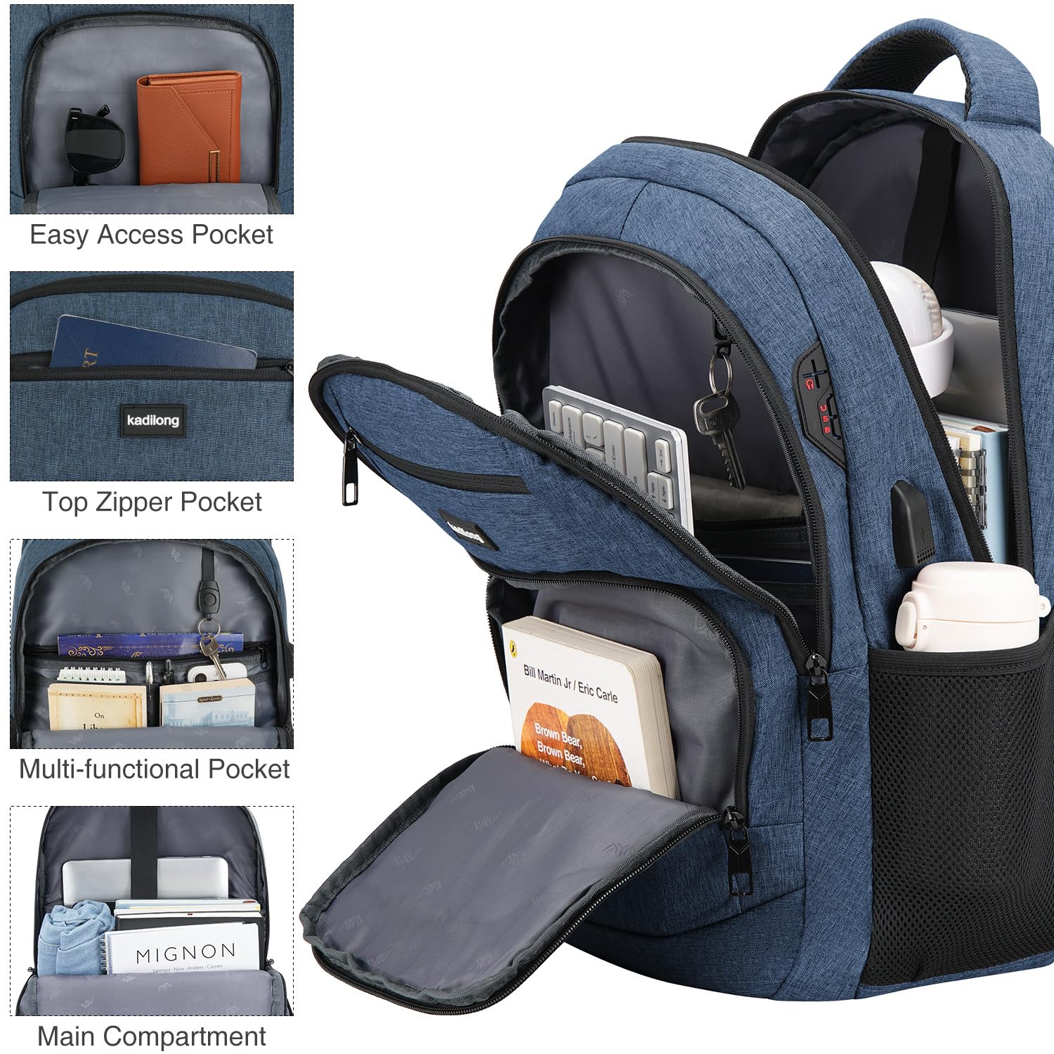 kadilong 17.3 Pulgadas Gran Capacidad Mochila para Portátil Hombre,Bolsa de Escuela para Universidad,Instituto,Viajes y Uso de Oficina