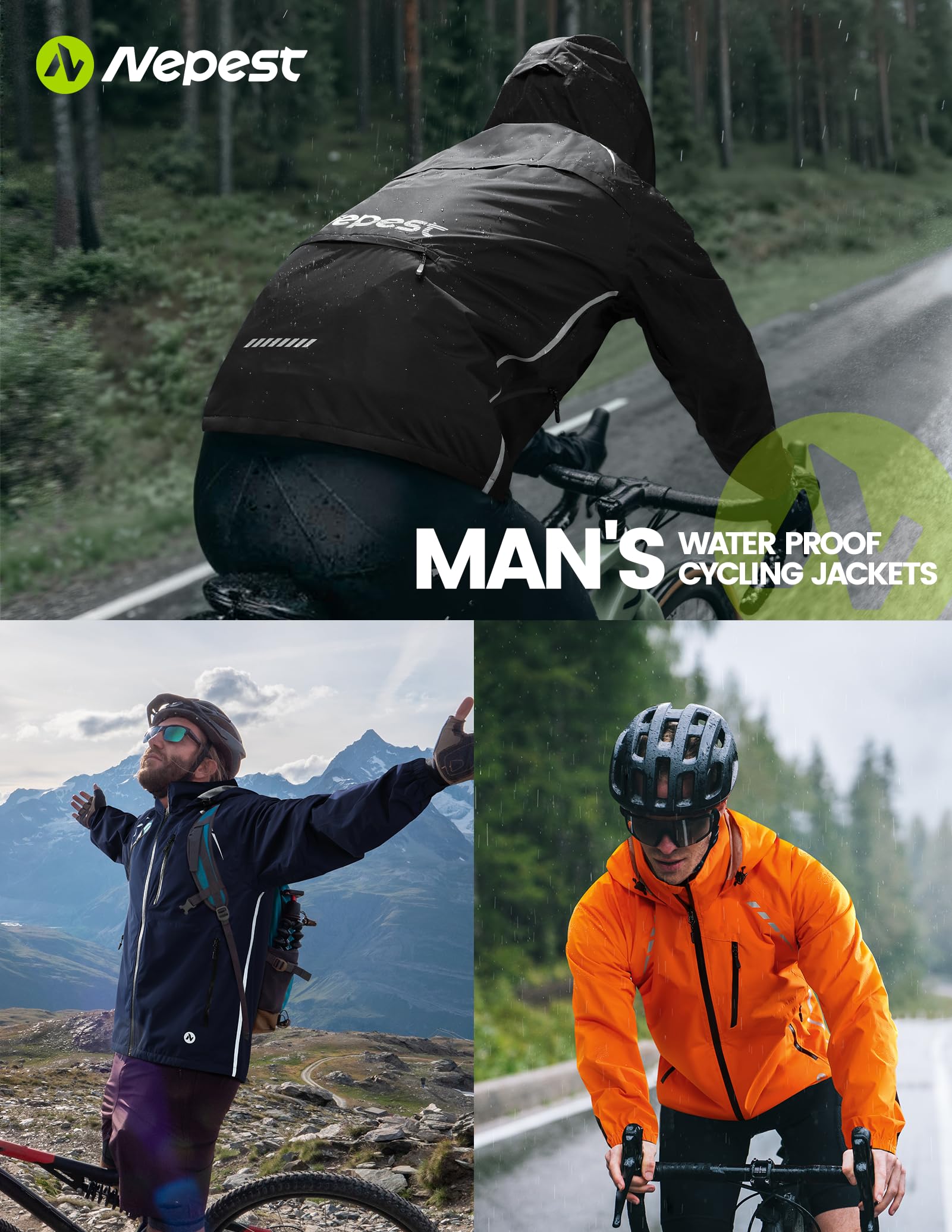 Nepest Chaqueta de ciclismo impermeable para hombre, protección contra la lluvia 10K H2O + transpirabilidad 5K, 6 bolsillos, reflectante, UPF50+, abrigo resistente al viento para MTB Running