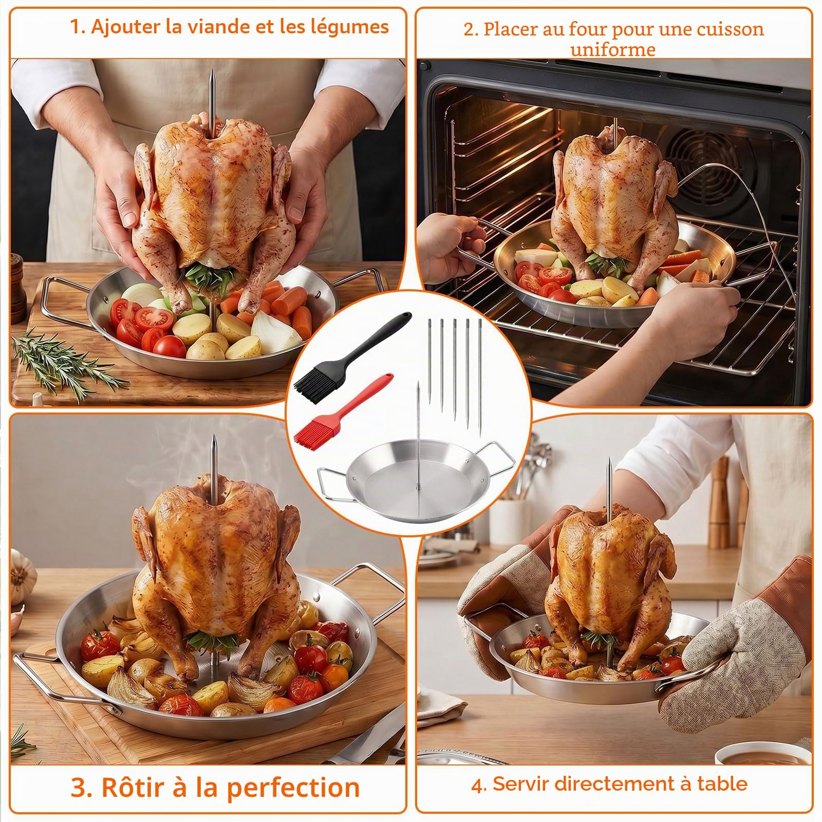 Brochettes Vertical pour Barbecue avec Plateau de 10 Pouces, 5 Broches à Kebab Amovibles en Acier Inoxydable & Pinceau en Silicone, Support pour Broche à Poulet pour Viande, Döner & Shawarma