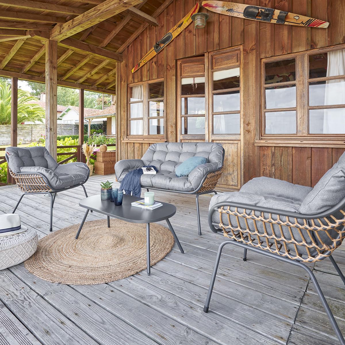 HESPERIDE - Salon de Jardin Paopao Graphite, Gris 4 Places Anti-Rouille Coussins Confortables 2 Fauteuils 1 Canapé 1 Table Basse pour Terasse, Balcon