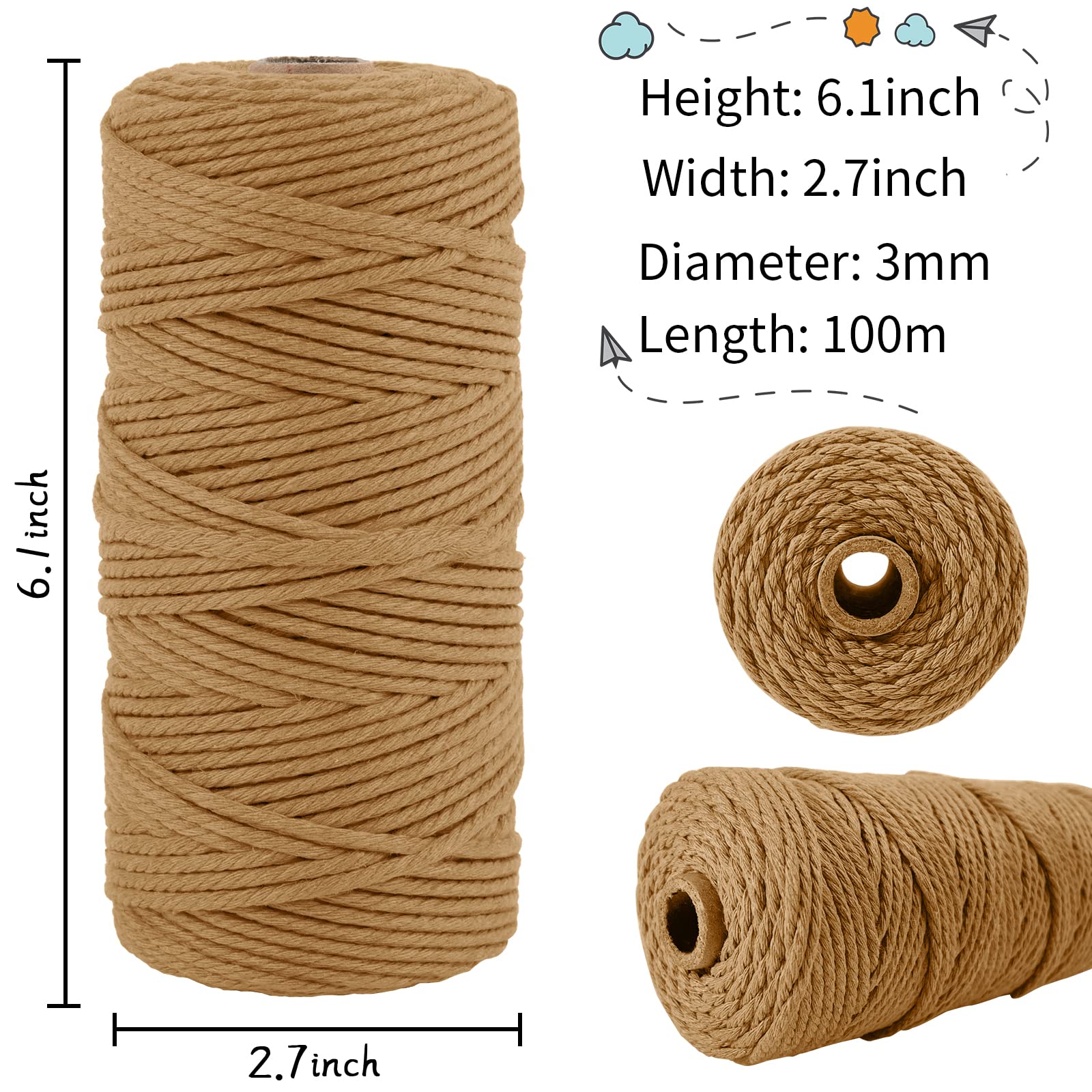 LEREATI Corda Macrame 3mm x 100m, Filo Macrame Corda Cotone Cordoncino Colorato, Cordino per Borse Uncinetto, Arazzo da Parete, Decorazioni, Piante Sospese, Fai da Te (Naturale