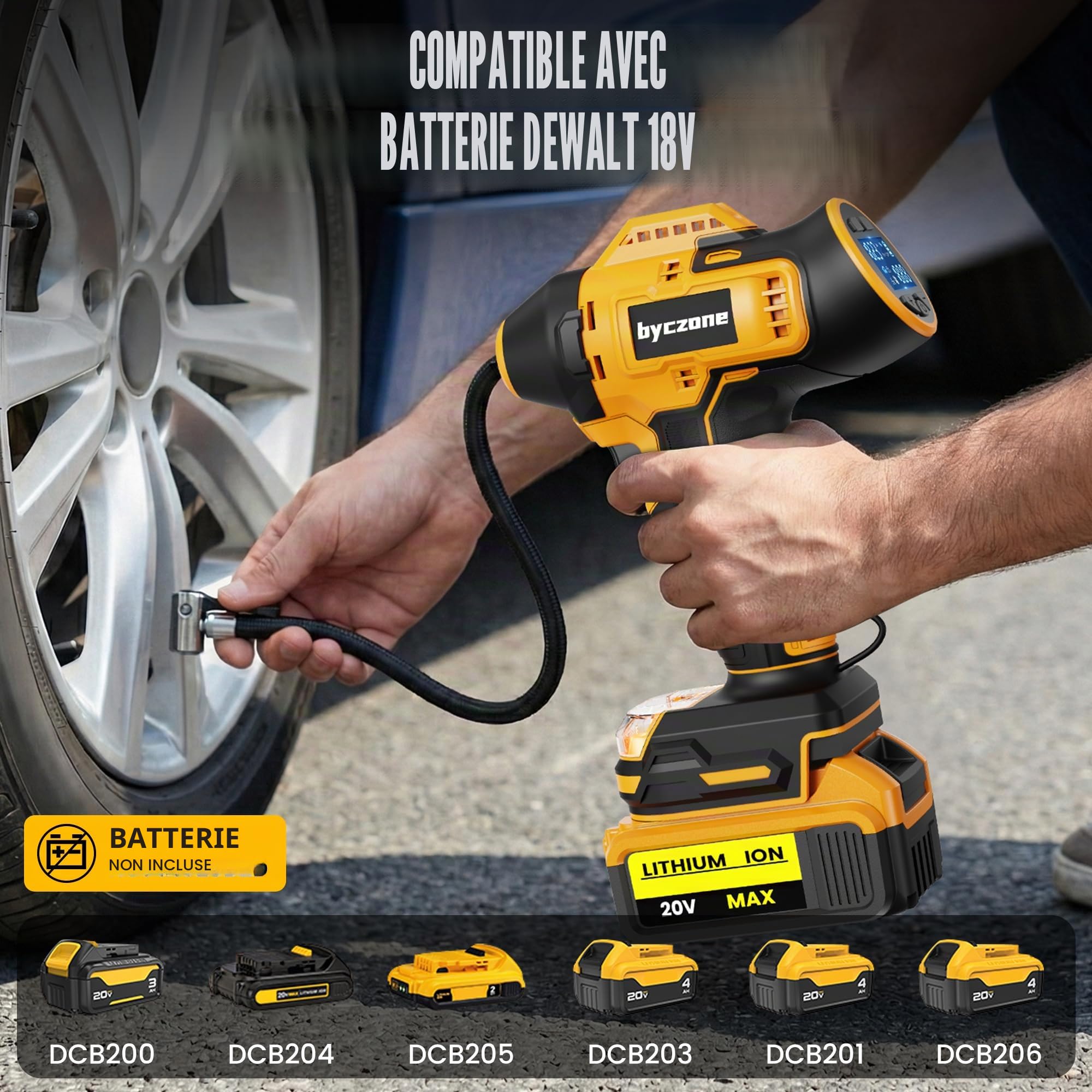 Gonfleur de pneu compatible avec batterie Dewalt 18 V, compresseur d'air sans fil 160 PSI avec manomètre numérique LCD, arrêt automatique, gonflage rapide pour voiture, vélo, ballon de sport