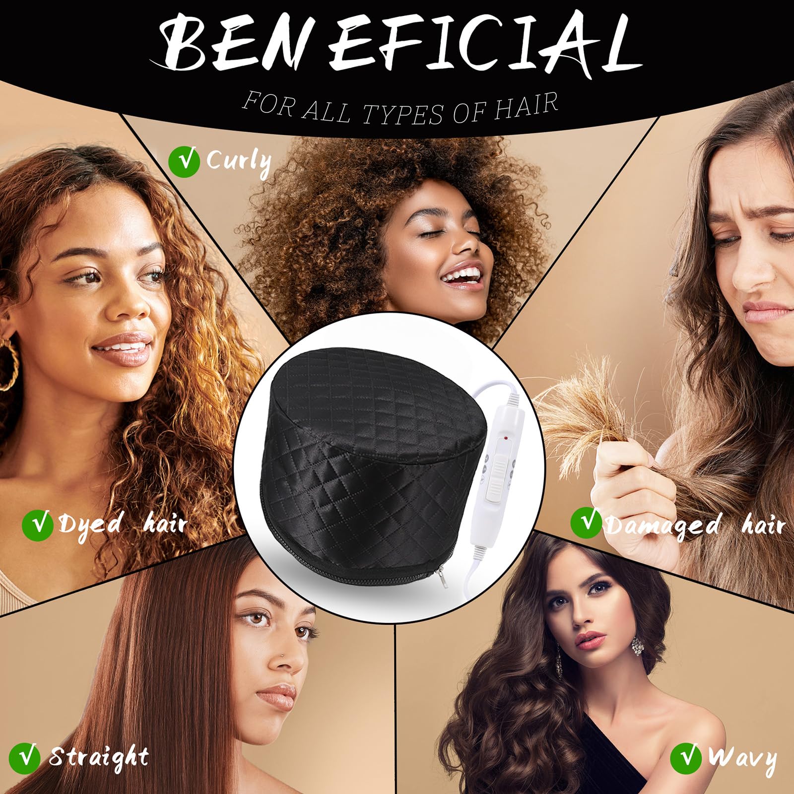 Cappello termico per trattamenti di profondità, cuffia a vapore per maschere per capelli, cuffia riscaldante con 2 modalità di temperatura per spa, salone, casa - Nero