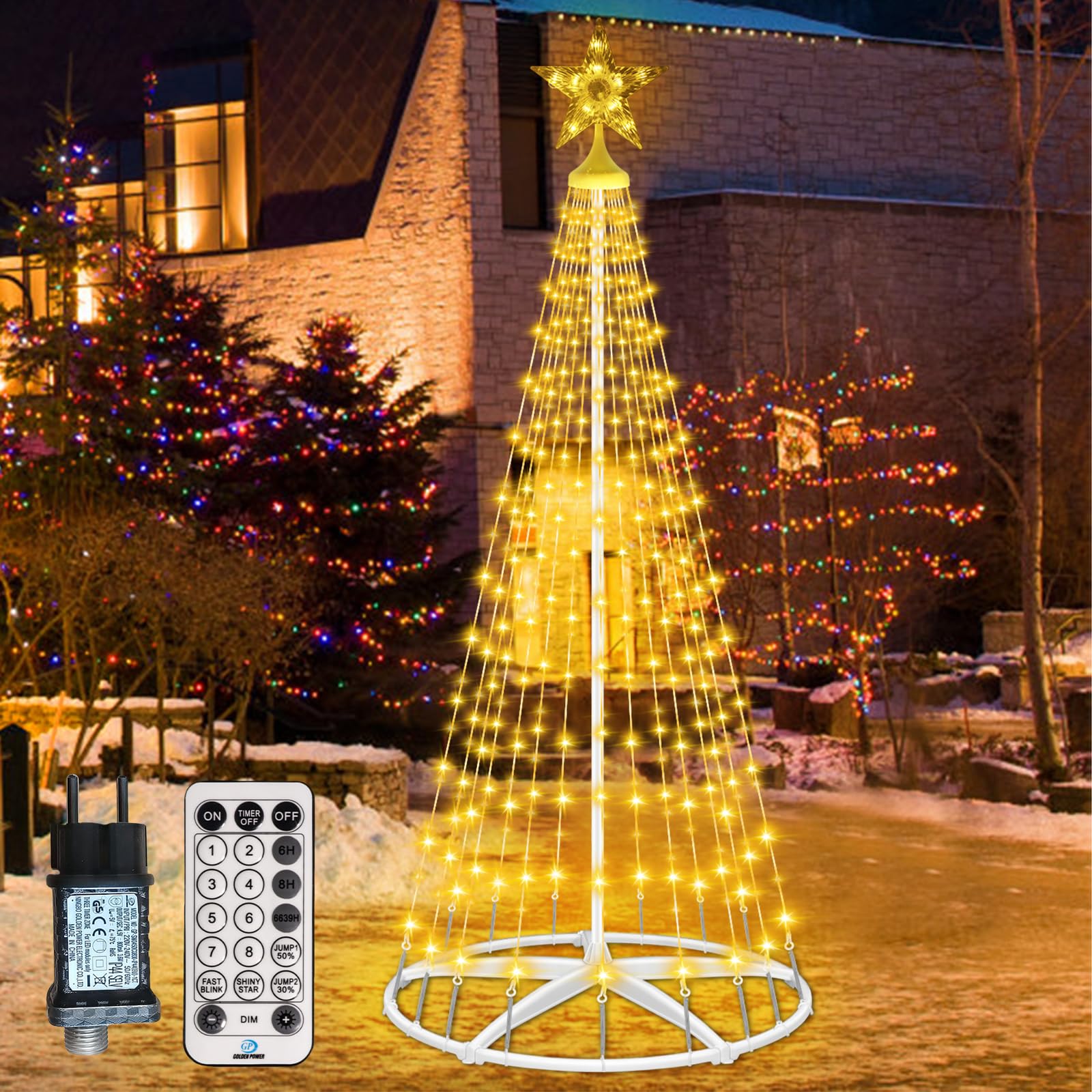 HELESIN 1,8 M, Luces de árbol de Navidad con Estrella, 250 Luces LED RGB para Exterior e Interior, 12 Modos, Decoraciones navideñas para Jardines Exteriores, Blanco Cálido