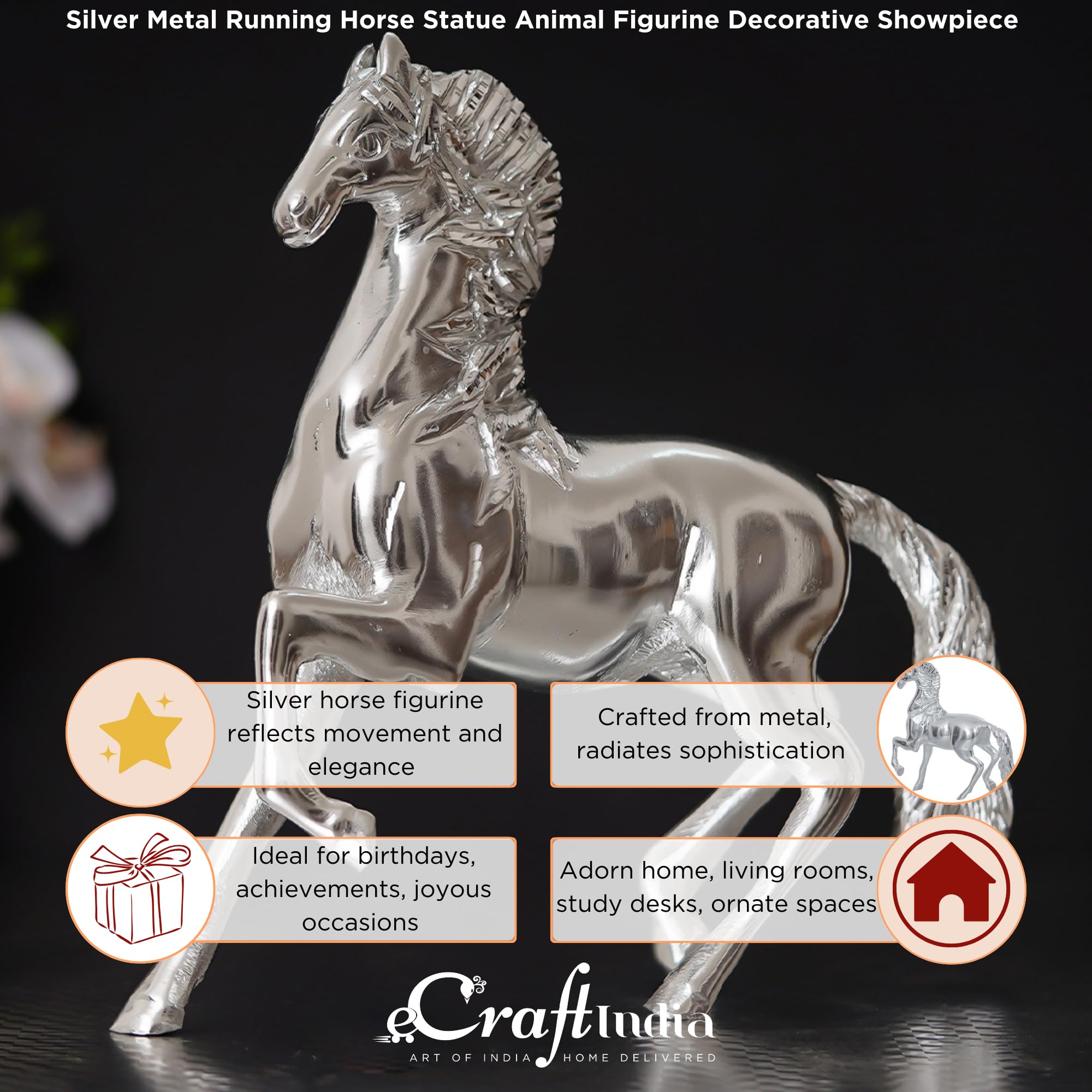 eCraftIndia White Metal Silver Running Horse Statue : Amazon