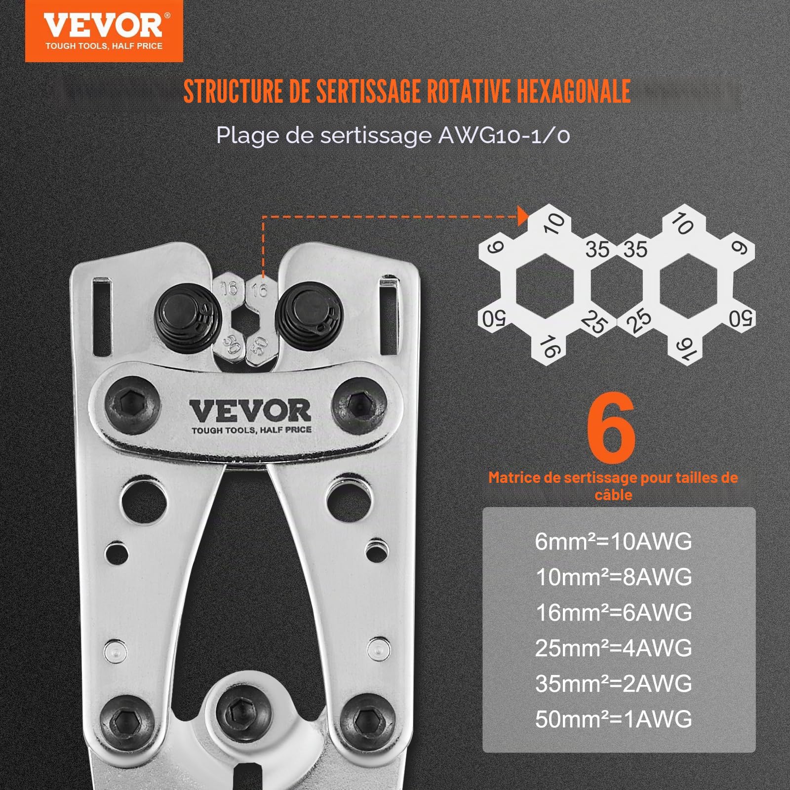 VEVOR Pince à Sertir 6/10/16/25/35/50 mm² Outil de Sertissage Cosses de Câbles Batterie Aluminium Cuivre AWG10-1/0 avec Coupe-câble 6 Tailles Sertissage 48 Connecteurs Anneau Cuivre pour Électricien