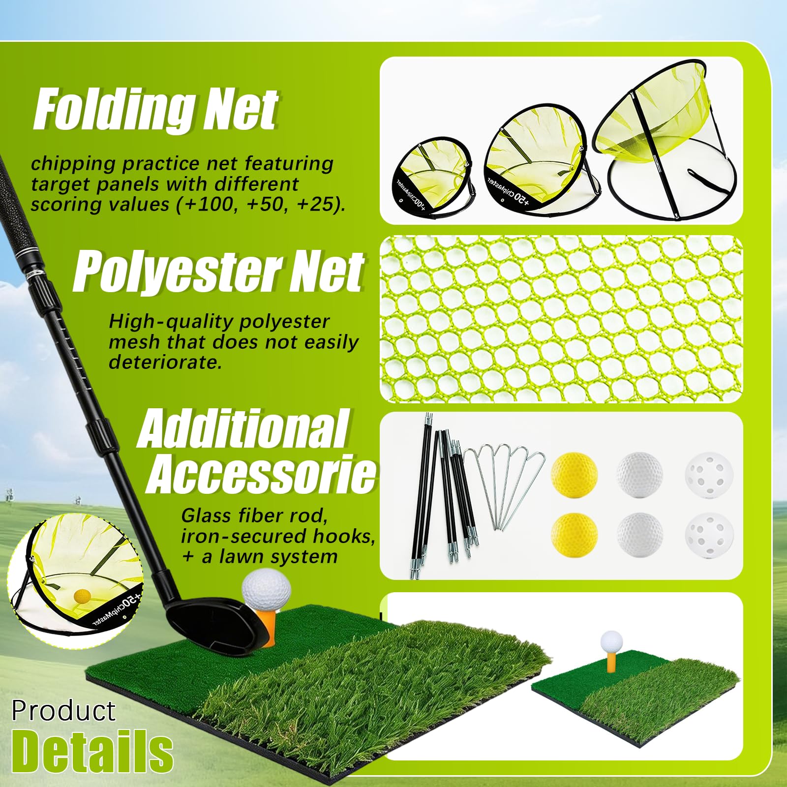 Filet de Golf, Kit 3 Pièces Filet D'entraînement de Golf avec Tapis de Gazon Synthétique de 30 x 30 cm Putter Télescopique 6 balles et Sac de Rangement pour L'entraînement en Intérieur et en Extérieur