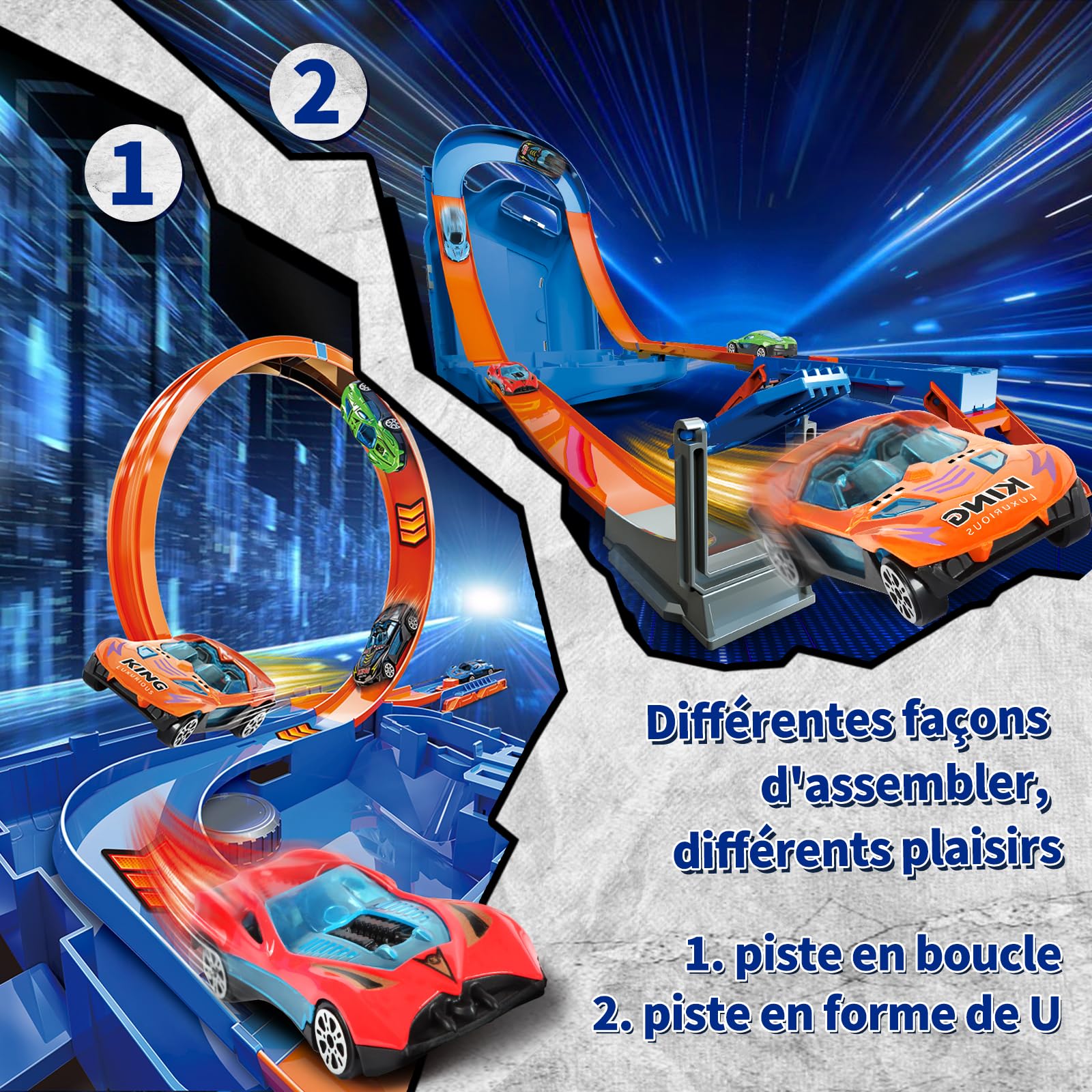 Charmofun Piste de Course 2 en1, Circuit Voiture Enfant avec 6 Voitures, Bboîte Rangement, Piste de Voiture avec Looping et U Track, Portable Jouet Circuit Voiture pour Enfants 3+ Ans (Bleu)