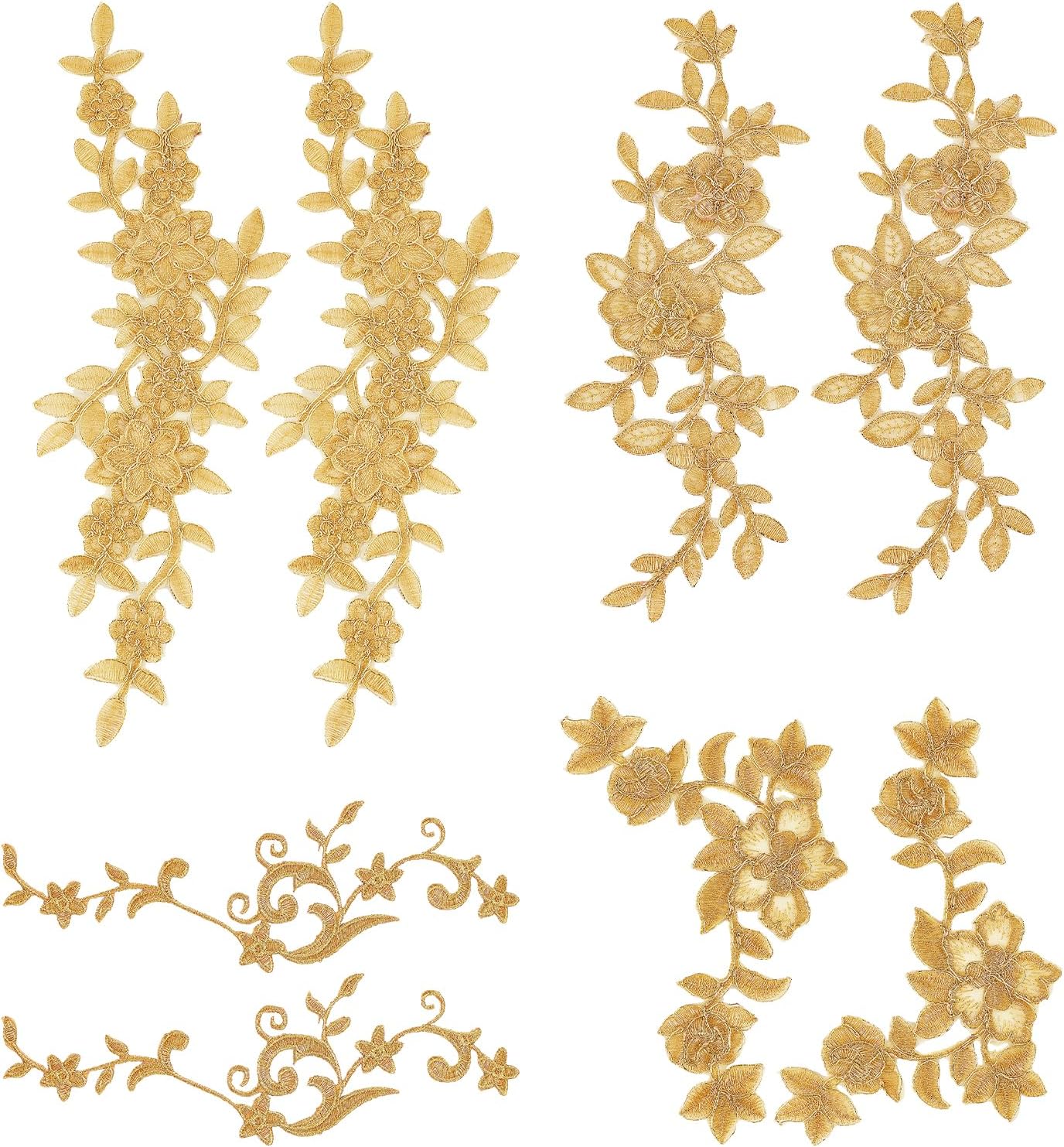 8 Pcs Gold Embroidered Lace Patches, Flower Embroidery Applique, Handmade Lace Applique Floral Wedding Dress Patch for DIY Crafting Accessories