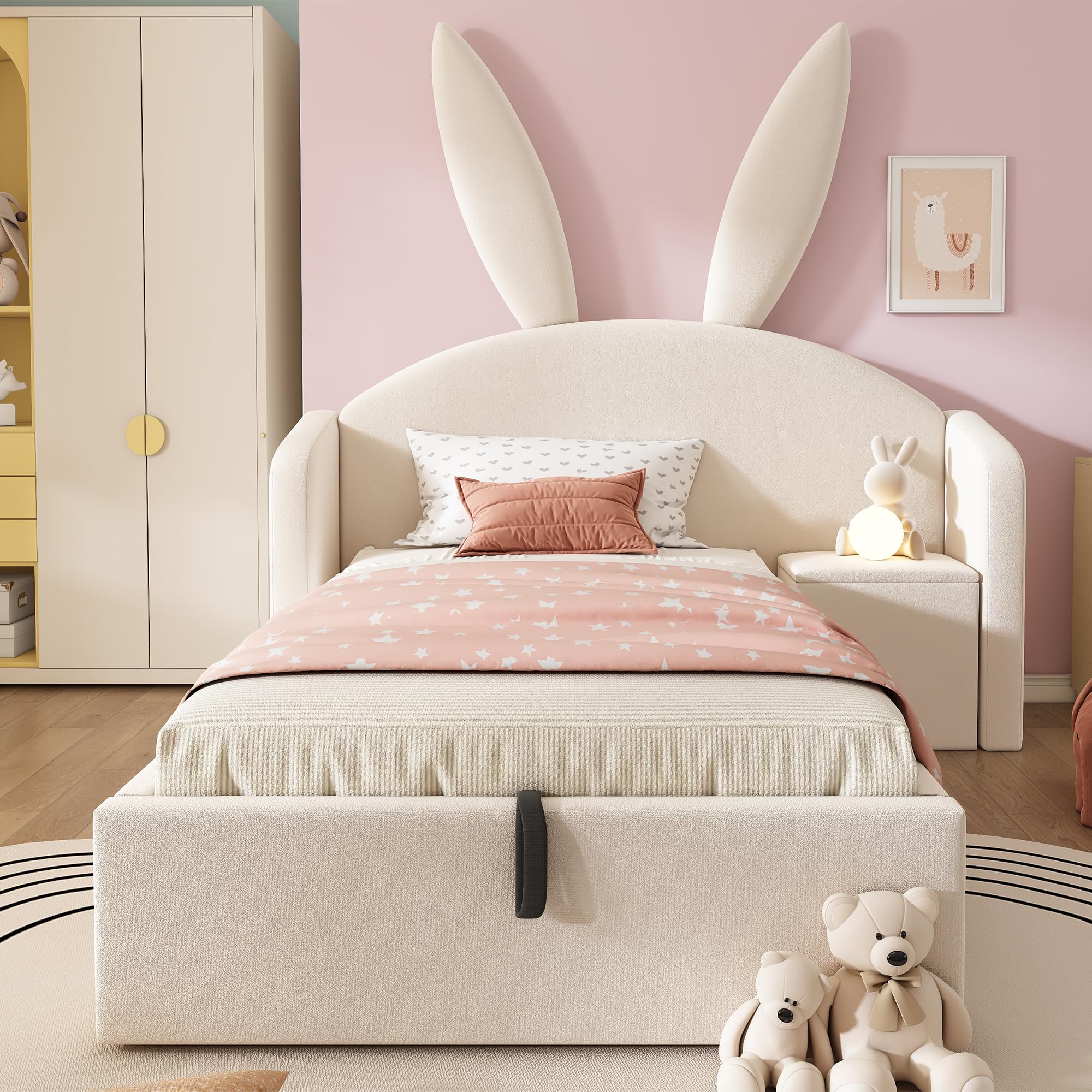 Estructura de Cama Tapizada 90x190cm Cama Individual Canape Hidraulico con Mesilla Integrada Mueble Dormitorio Base de Cama Somier Madera Almacenamiento Terciopelo Beige Juvenil