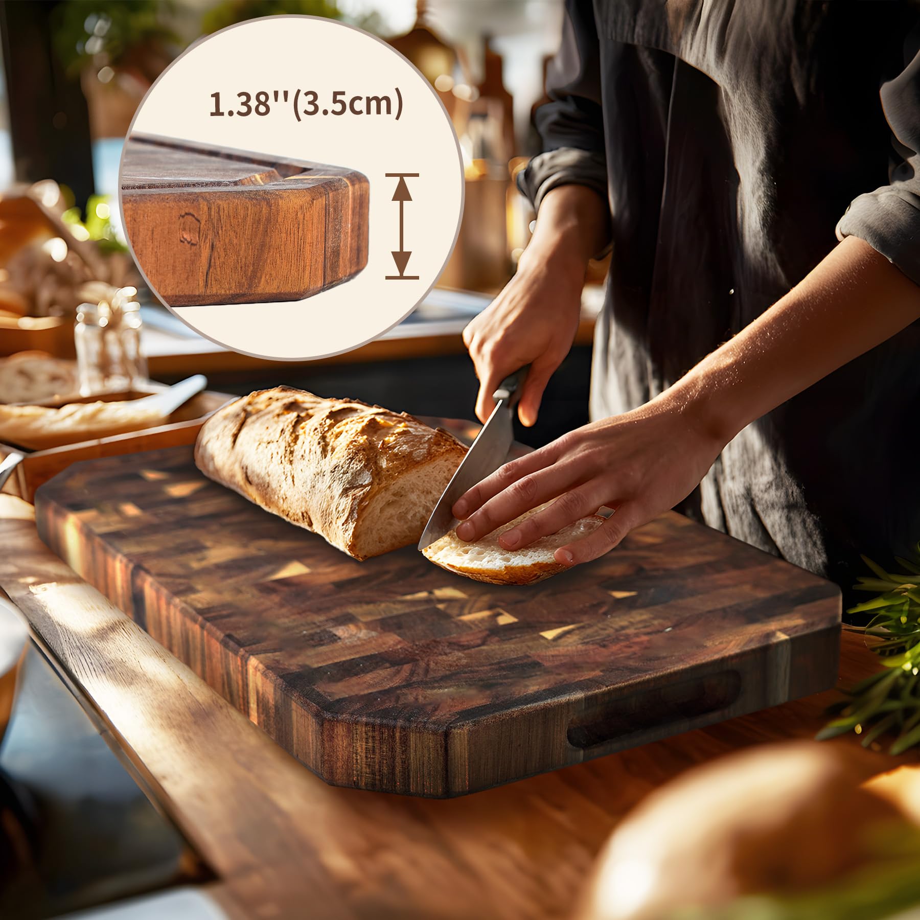 Utoplike Tagliere in acacia, blocco da macellaio reversibile a fibra finale | Con scanalatura per succo e manici, tagliere in legno per carne, verdure e formaggio,43 x 30.5 x 3.5cm