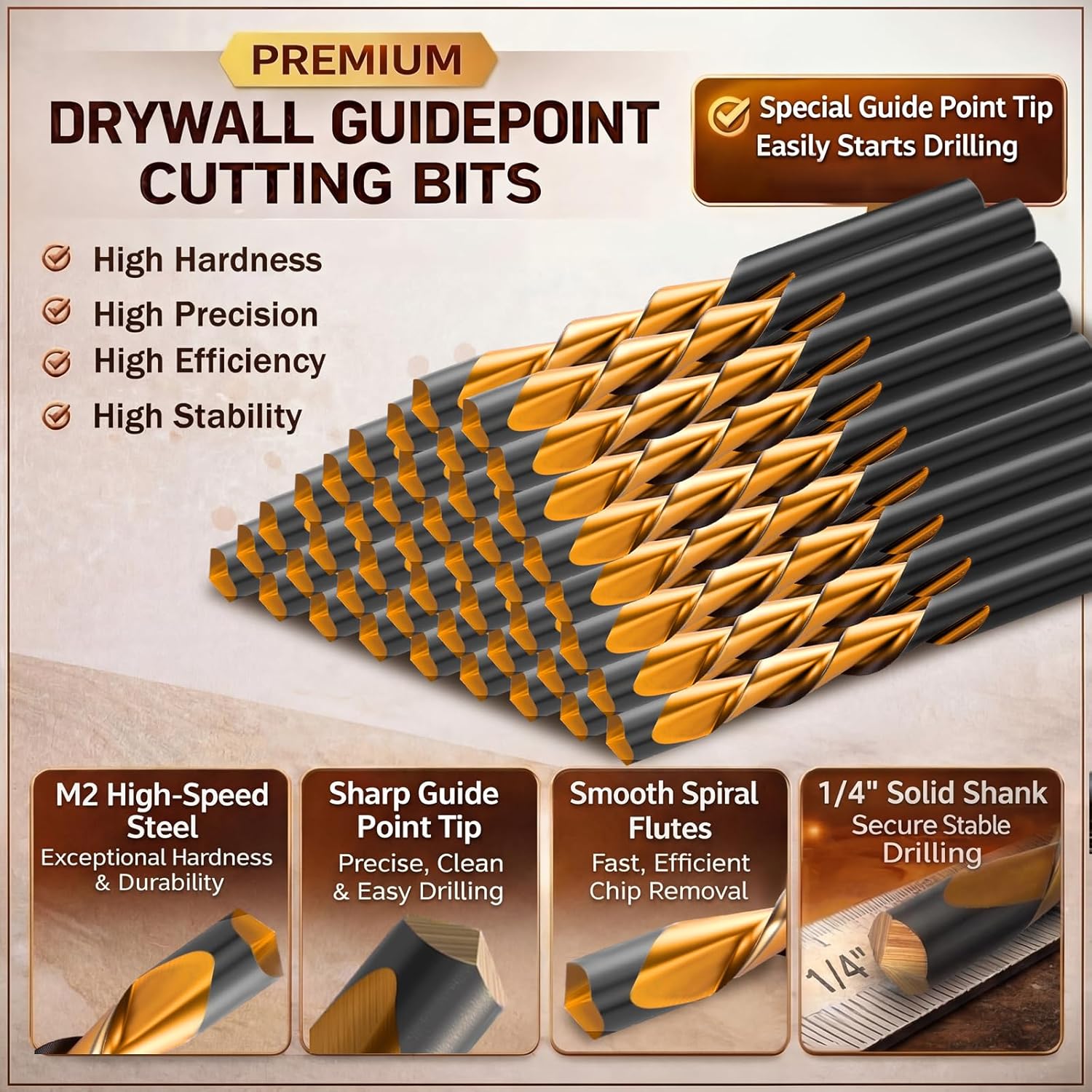 Tondiamo 50 Pcs Drywall Cut Out Bit 1/4 Inch Guide Point Cutting Router Bits Tools for Use with Spiral Saw