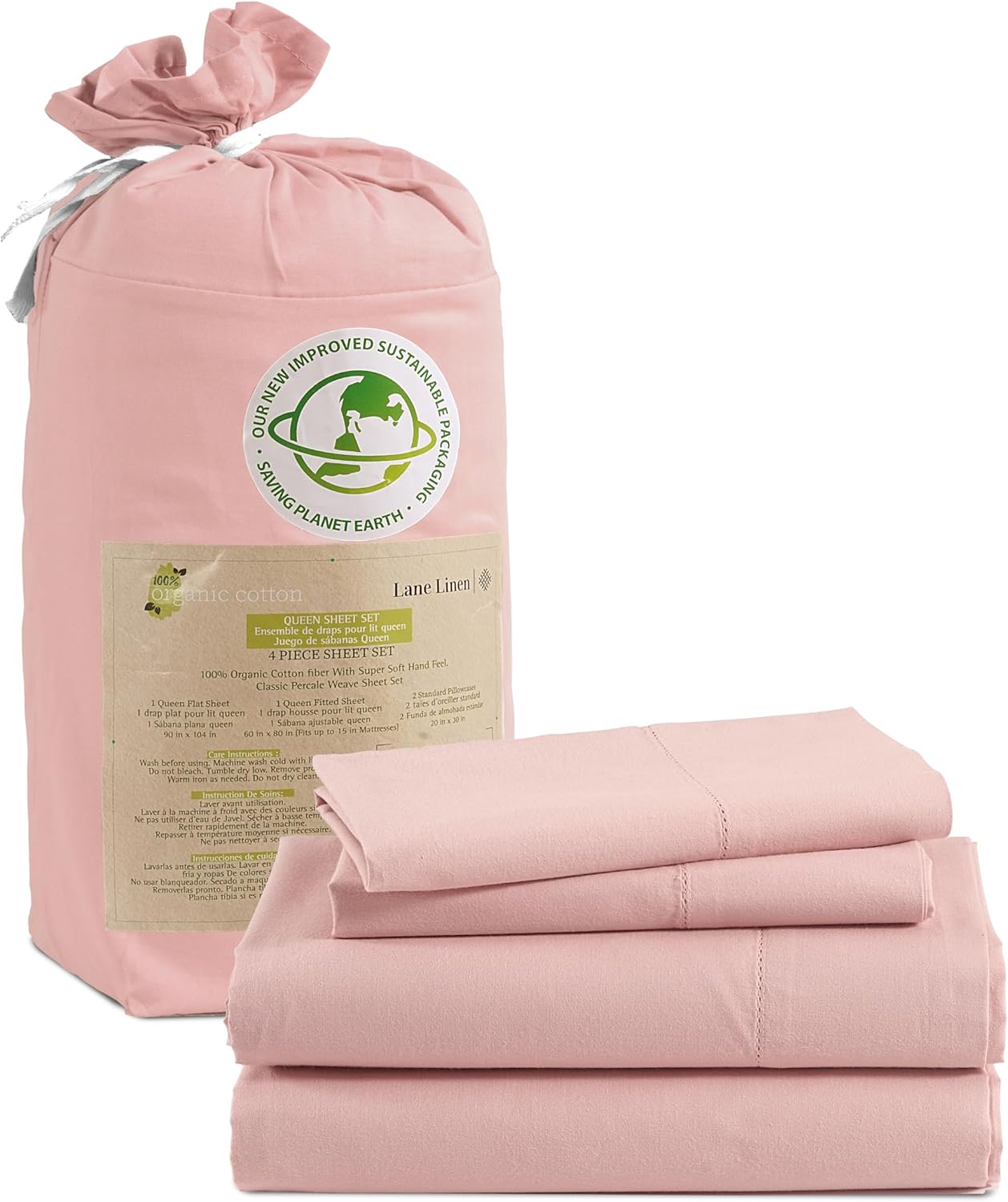 LANE LINEN 100 Organic Cotton Rose QueenSheets Set 4Piece Pure Long
