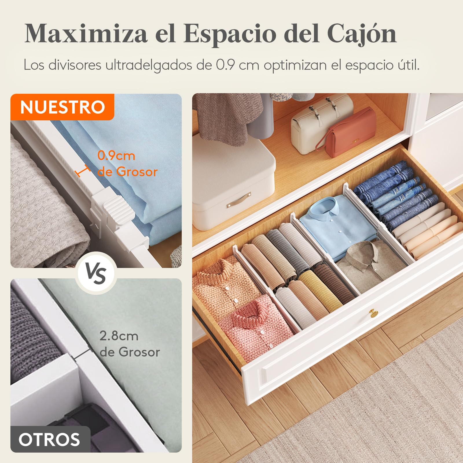 Lifewit Separadores de Cajones Ajustables, Divisores de Armario Ropa, Cajones Organizadores Plastico para Cocina, Baño, Mesita de Noche, 9 Piezas, Longitud Interior de 30 – 47 cm y Altura 13 cm