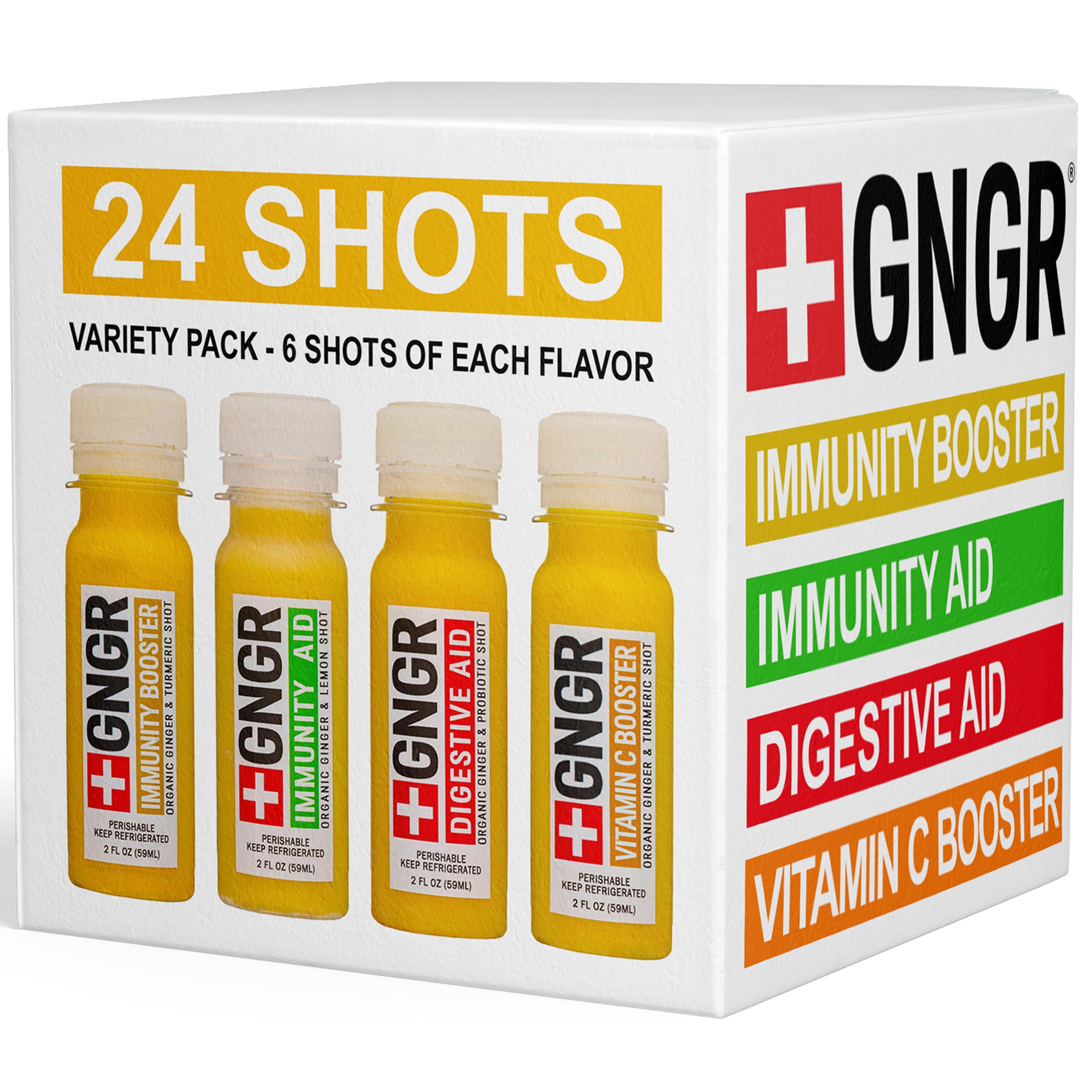 - +GNGR 24 Shots Variety Pack of Organic Ginger Shots - Cold Pressed Ginger Shots with Peruvian Ginger, Lemon & Turmeric - Nothing Artificial - USDA Organic 2 fl oz (Pack of 24)