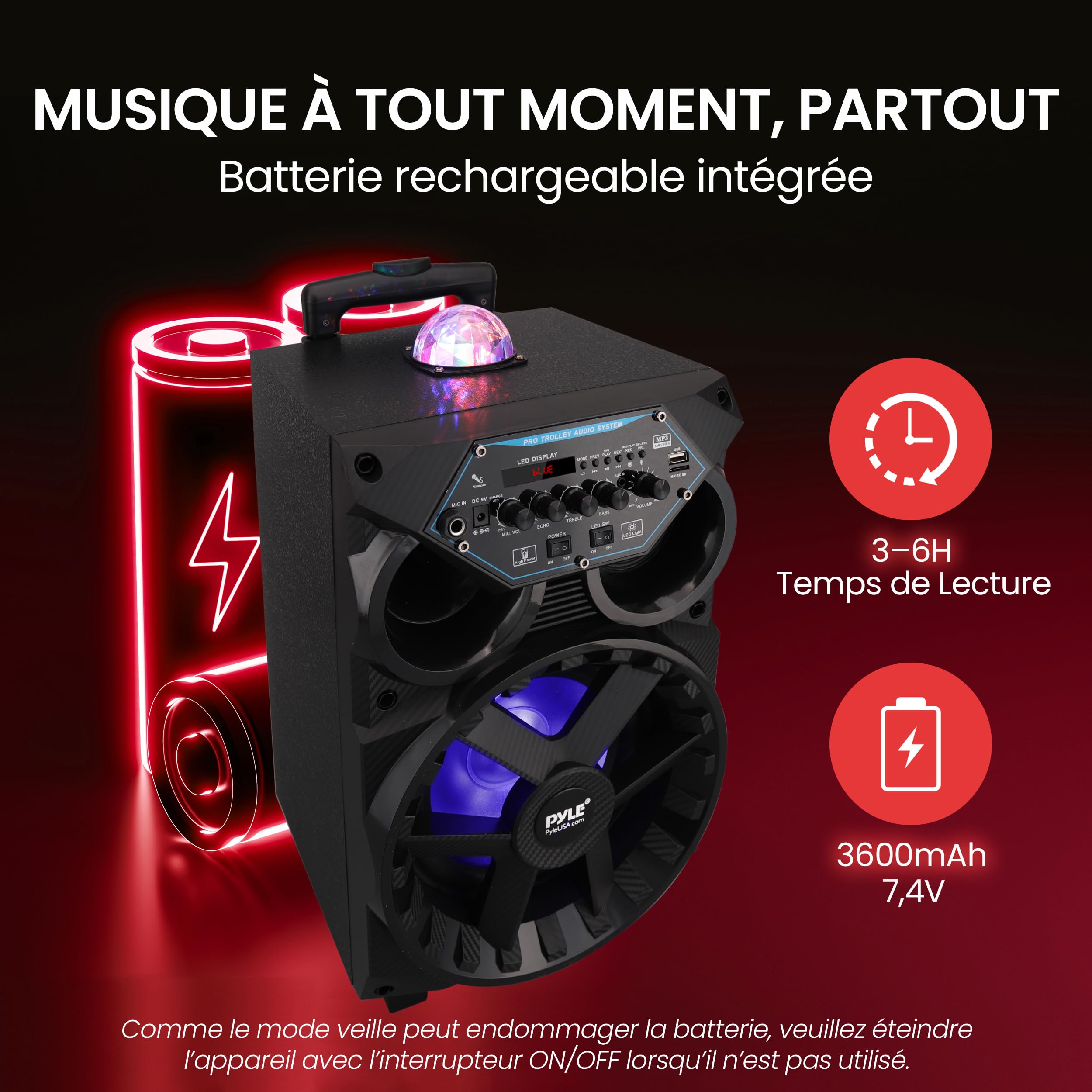 Pyle Enceinte Bluetooth Puissante 580W, Haut-Parleur sans Fil avec Basses Puissantes, LED Rythmiques, Micro Filaire (2), Sono Portable True Wireless, Karaoké, Événements Extérieurs, Bluetooth Rapide