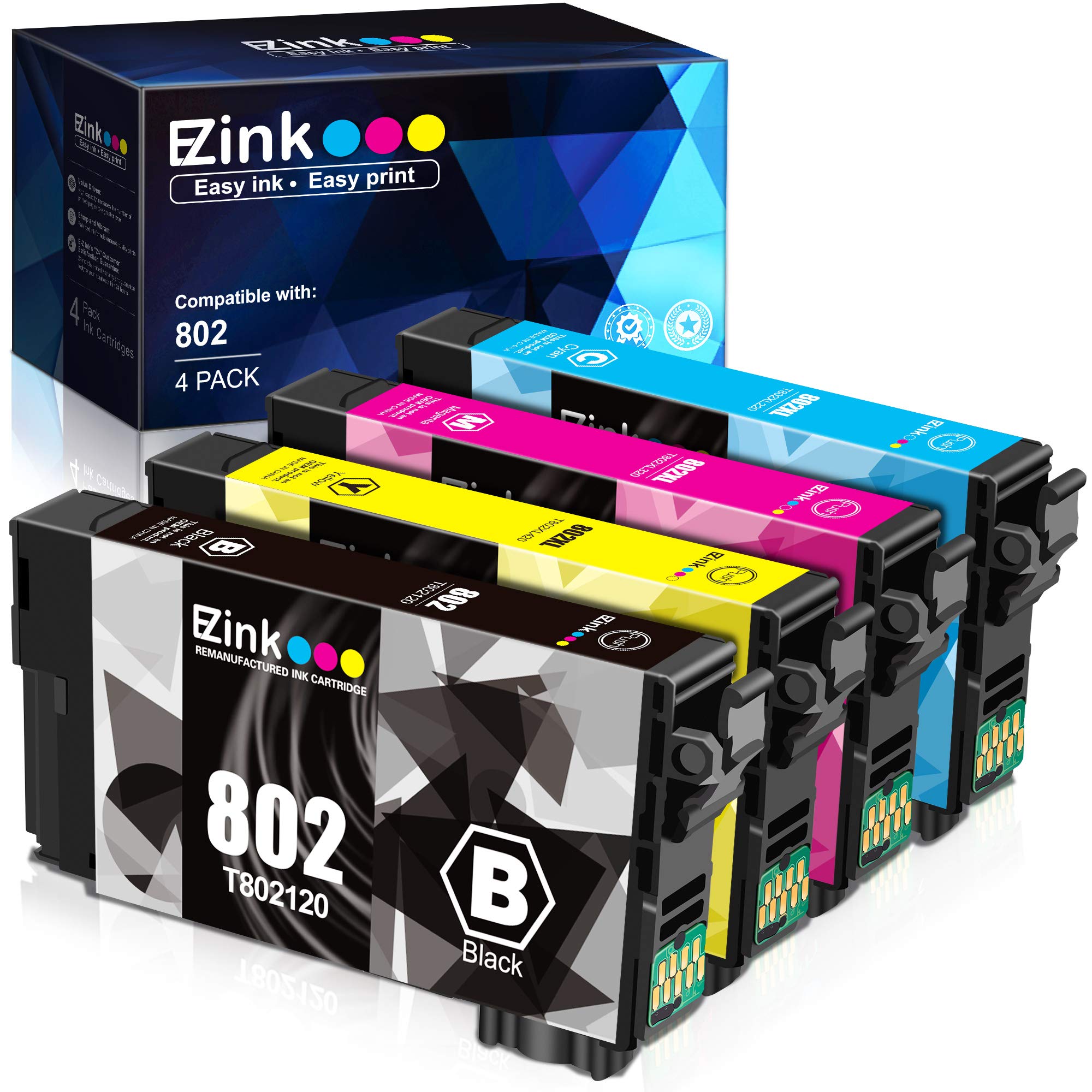 E-Z Ink(TM) Remanufactured Ink Cartridge Replacement for Epson 802XL 802 T802XL T802 to use with Workforce Pro WF-4740 WF-4730 WF-4720 WF-4734 EC-4020 EC-4030 (1 Black, 1 Cyan, 1 Magenta, 1 Yellow)