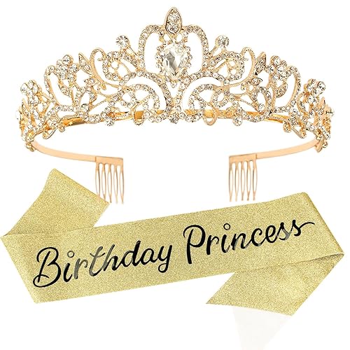 Miniatura 1 de Tiara de coronas de princesa de cumpleaños para niñas, banda de feliz cumpleaños para suministros de decoración de fiesta de princesa, regalos de