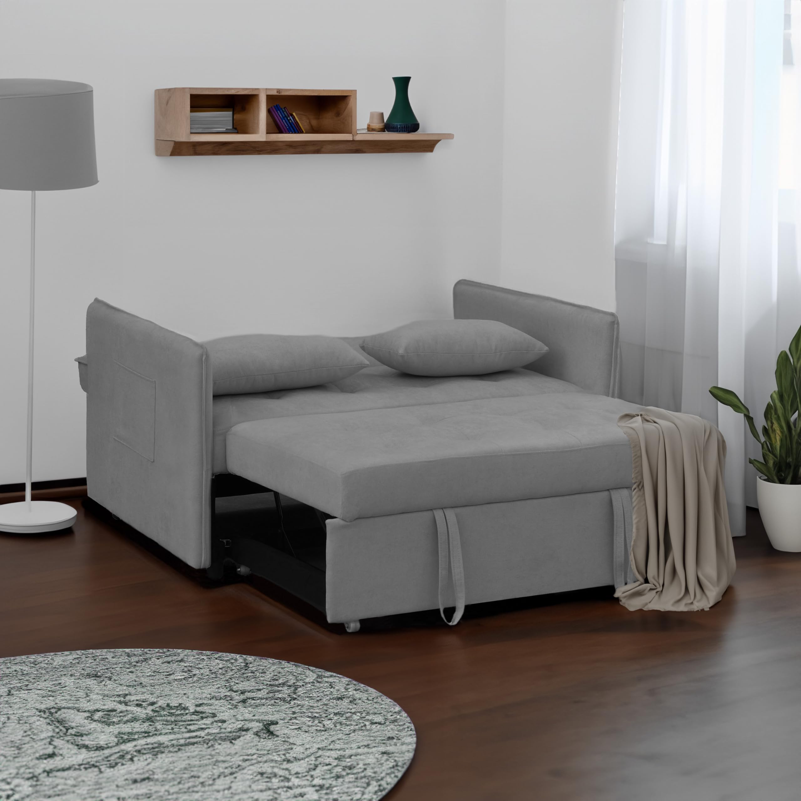 duehome | Sofa Cama, Sofa 3 Posiciones, Asiento de Descanso, Modelo Nasya, Acabado en Tejido Color Gris, Medidas: 135 cm (Largo) x 65-96 cm (Alto) x 87-183 cm (Fondo)