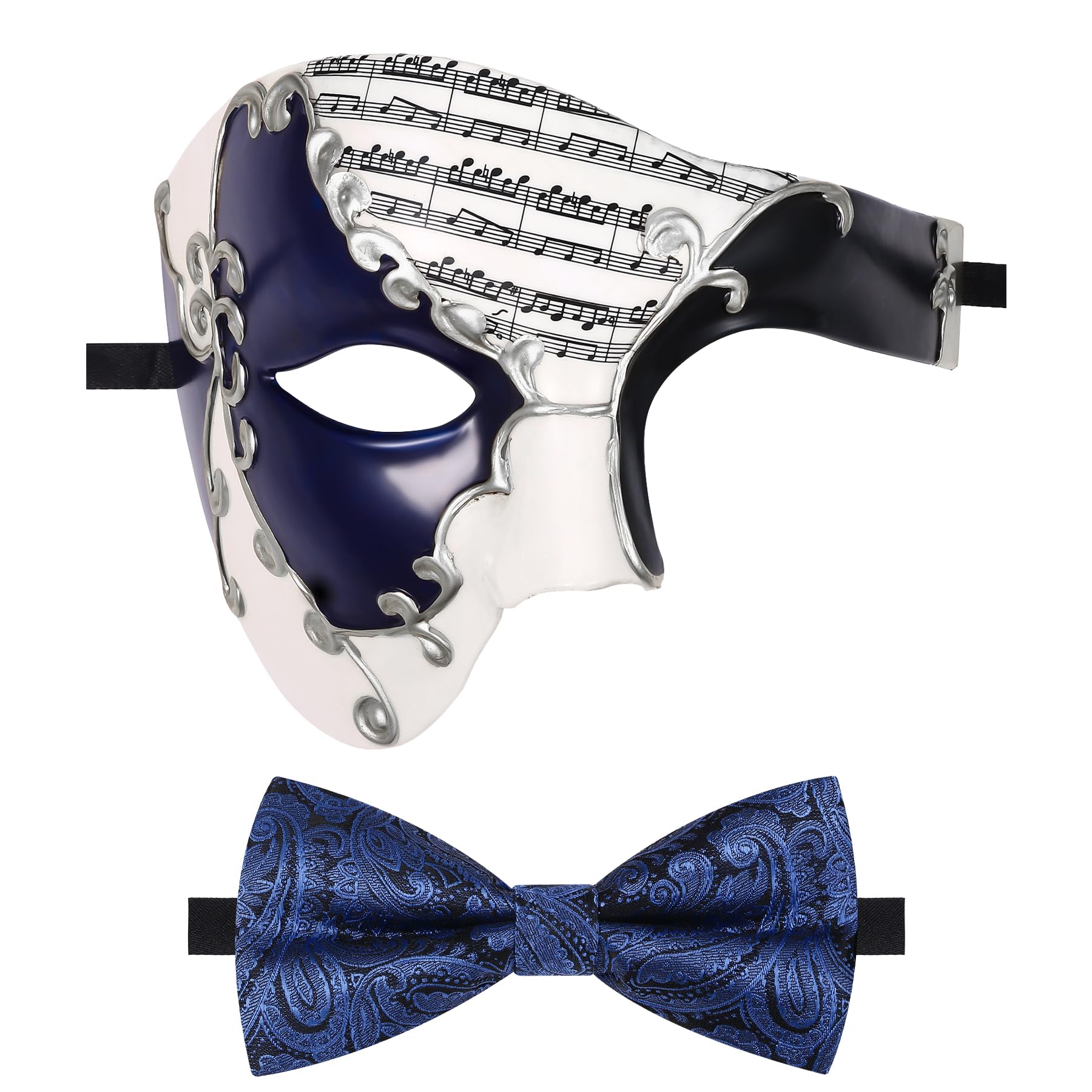 Oidea Masquerade Mask for Men: Vintage Phantom of The Opera Mask Costume Prom Party Mask with Blue Bow Tie, Black Blue