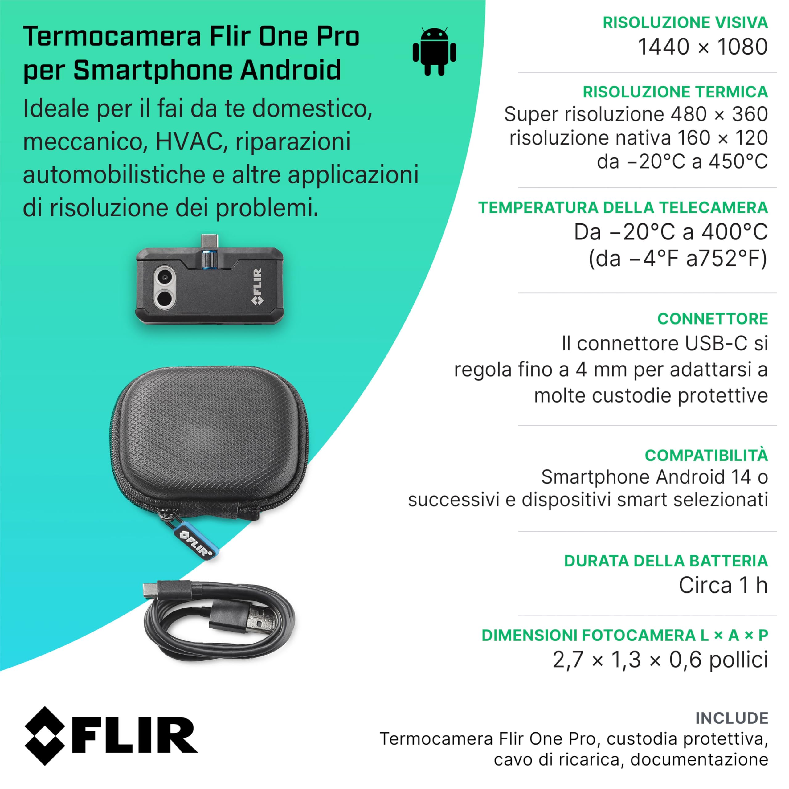 Flir One Pro - Termocamera Per Smartphone Android (USB-C), Super Risoluzione 480x360 (IR Nativo 160x120)