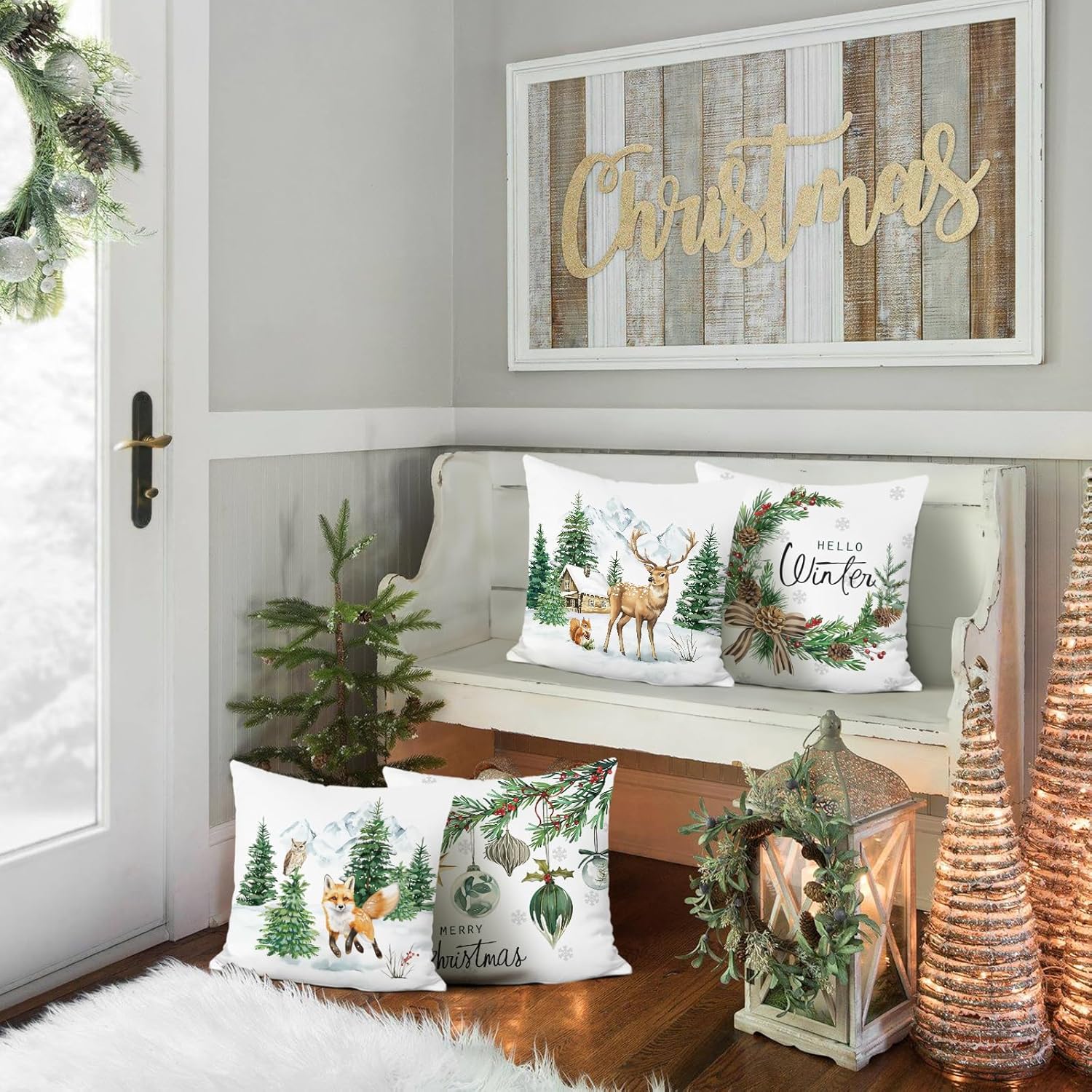 Bonhause Winter Christmas Trees Reindeer Throw Pillow Covers 18 x 18 Inch Snowflake Xmas Balls Red Berries Snowy Cabin Holiday Decorative Cushion Cases for Couch Sofa Bed Decor Set of 4 - Image 3