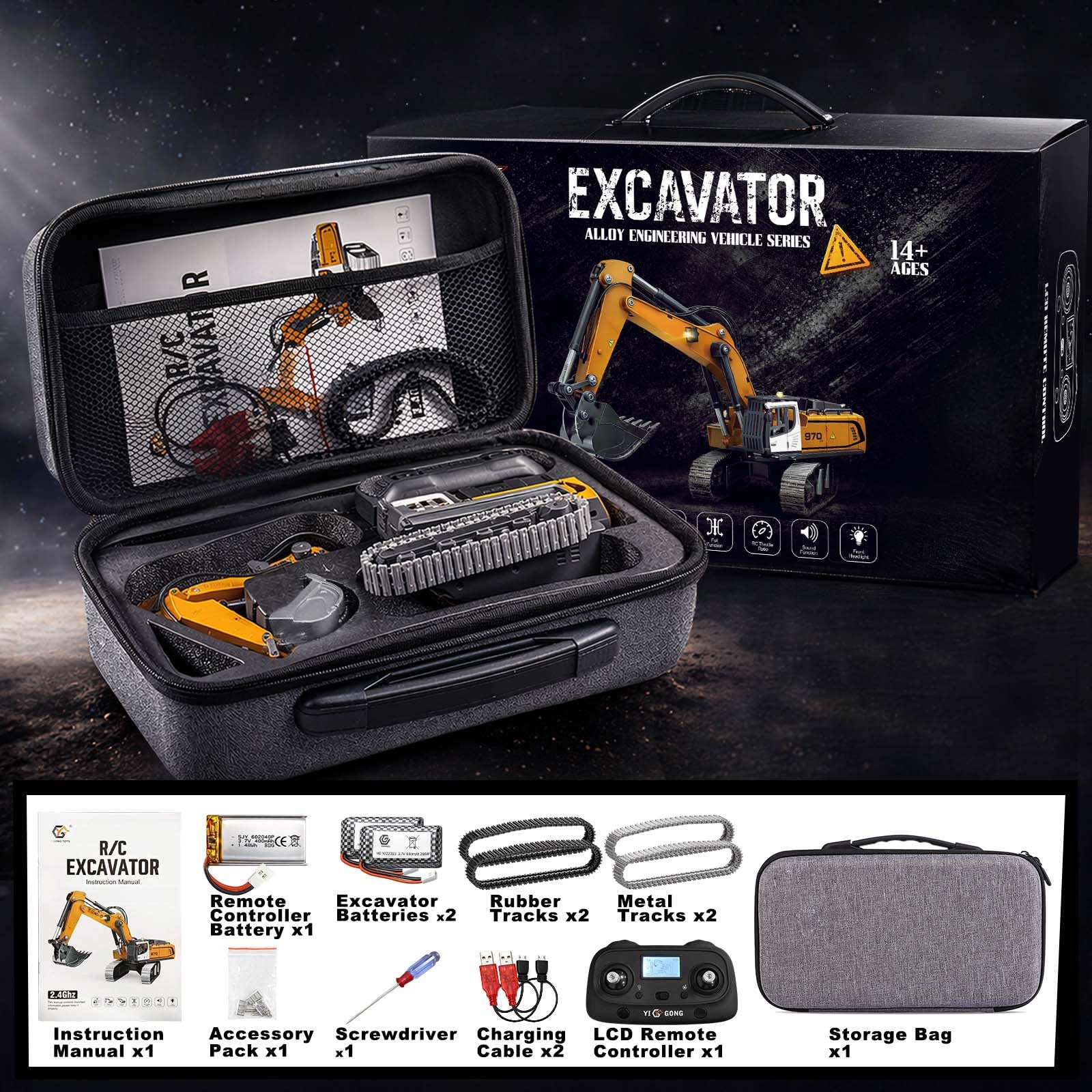 Escavatore Radiocomandato Professionale Mini 1:50 per Sabbia e Sabbiera, Escavatore RC Cingolato con Benna in Metallo e Cingoli Metallici, Telecomando LCD 2,4 GHz, Luci e Suoni, 2 Batterie
