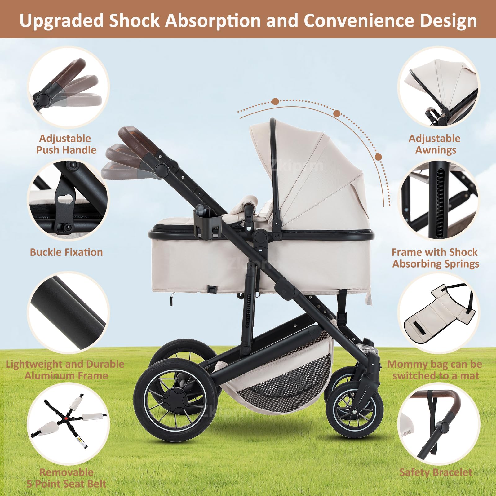 Zkiprm 3-in-1-Kinderwagen Faltbarer Kinderwagen mit Sitz höhenverstellbarer Lenker Baby Wagen für 0 bis 4 Jahren