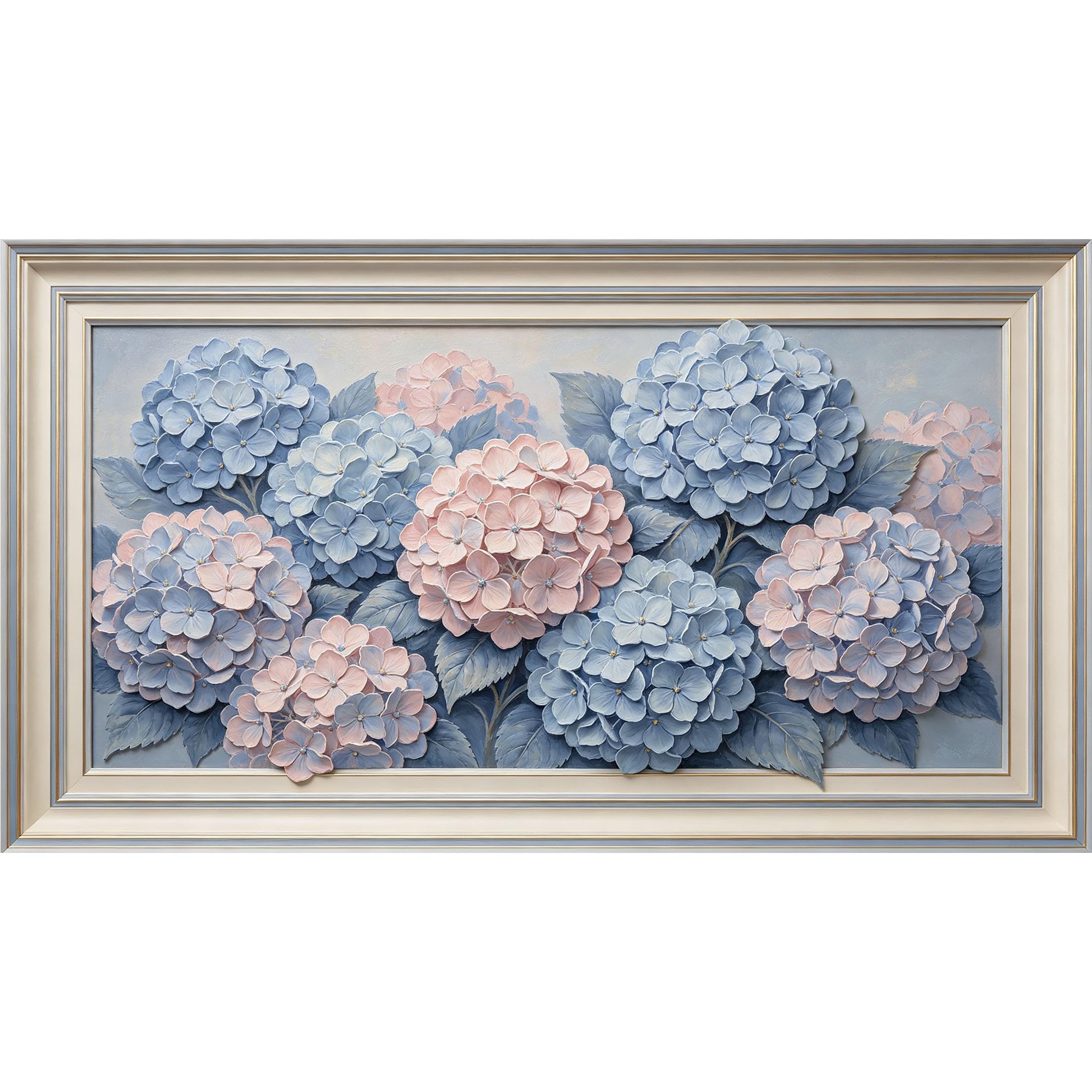 QZLITHOTIC 50×100cm 3D Framed Wall Art， Pastel Hydrangea Botanical Floral Oil Painting Self?Adhesive Mural， Water?Activated Peel & Stick Fabric Decor Wall Decal for Bedroom Living Room