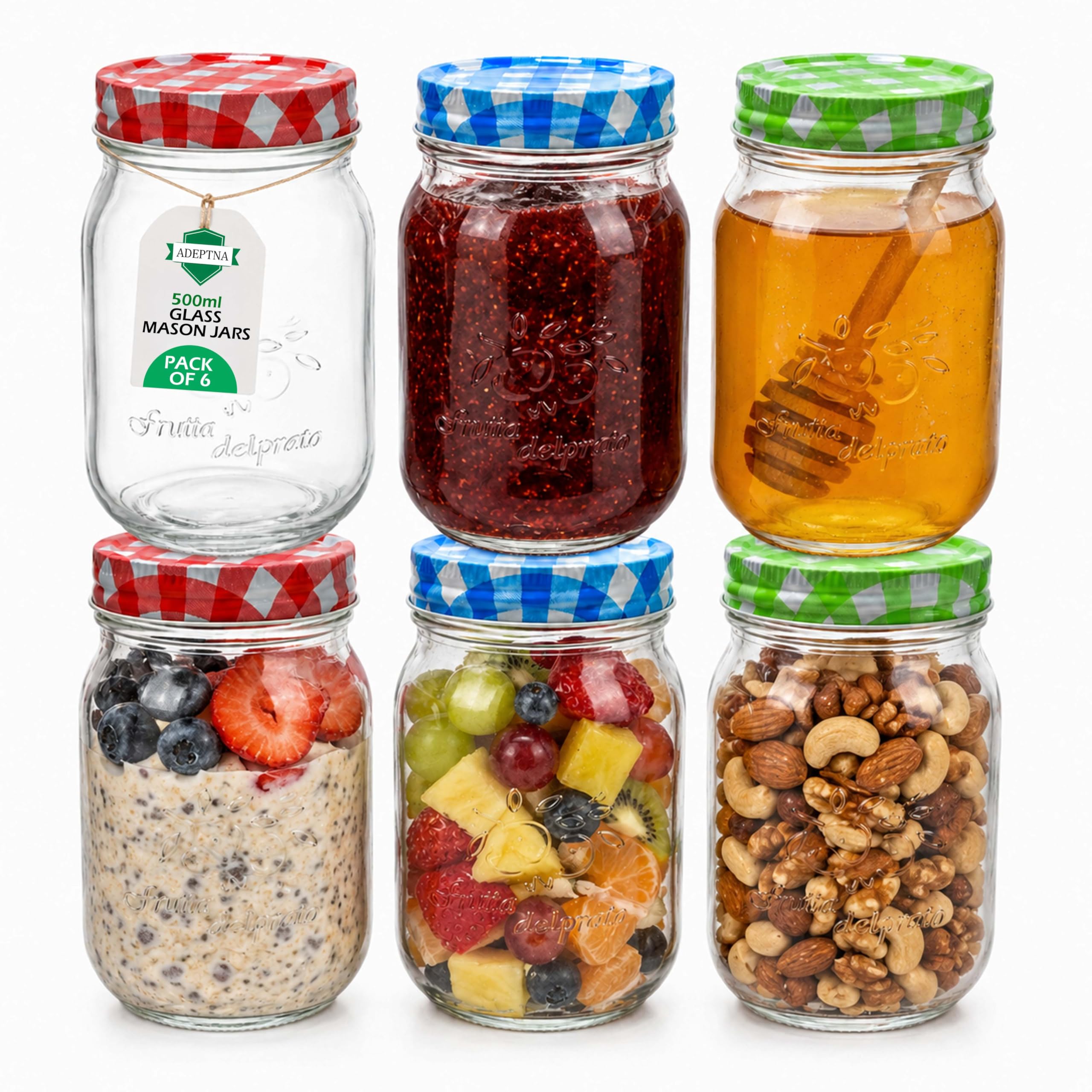 Adeptna 6 Pack Glass Jam Jars With Airtight Gingham Lids 250Ml/500Ml Food Storage Preserve Jars For Jam Honey Pickles Overnight Oats Spices Candle Making Reusable Thick Glass Mason Style Jars (500Ml)