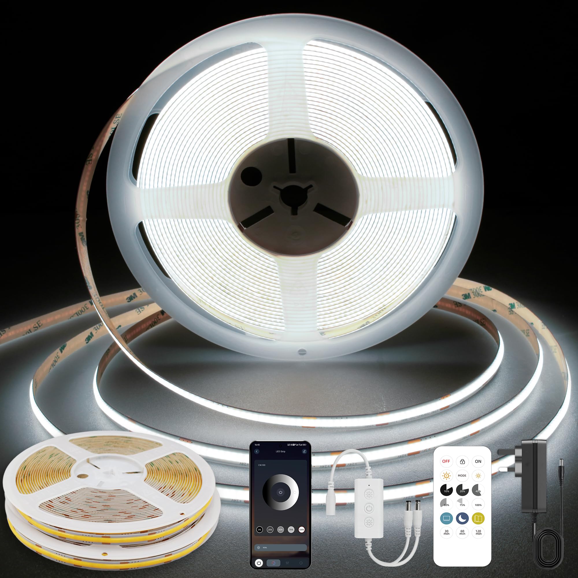 TTWAY COB LED Strip 10M, White LED Strip Lights 6000K, 24V Dimmable LED Tape Light, CRI92+, 8mm Width, with Remote and App and UKCA Power Supply,for Home Decoration, Kitchen, Mirror (5M*2)