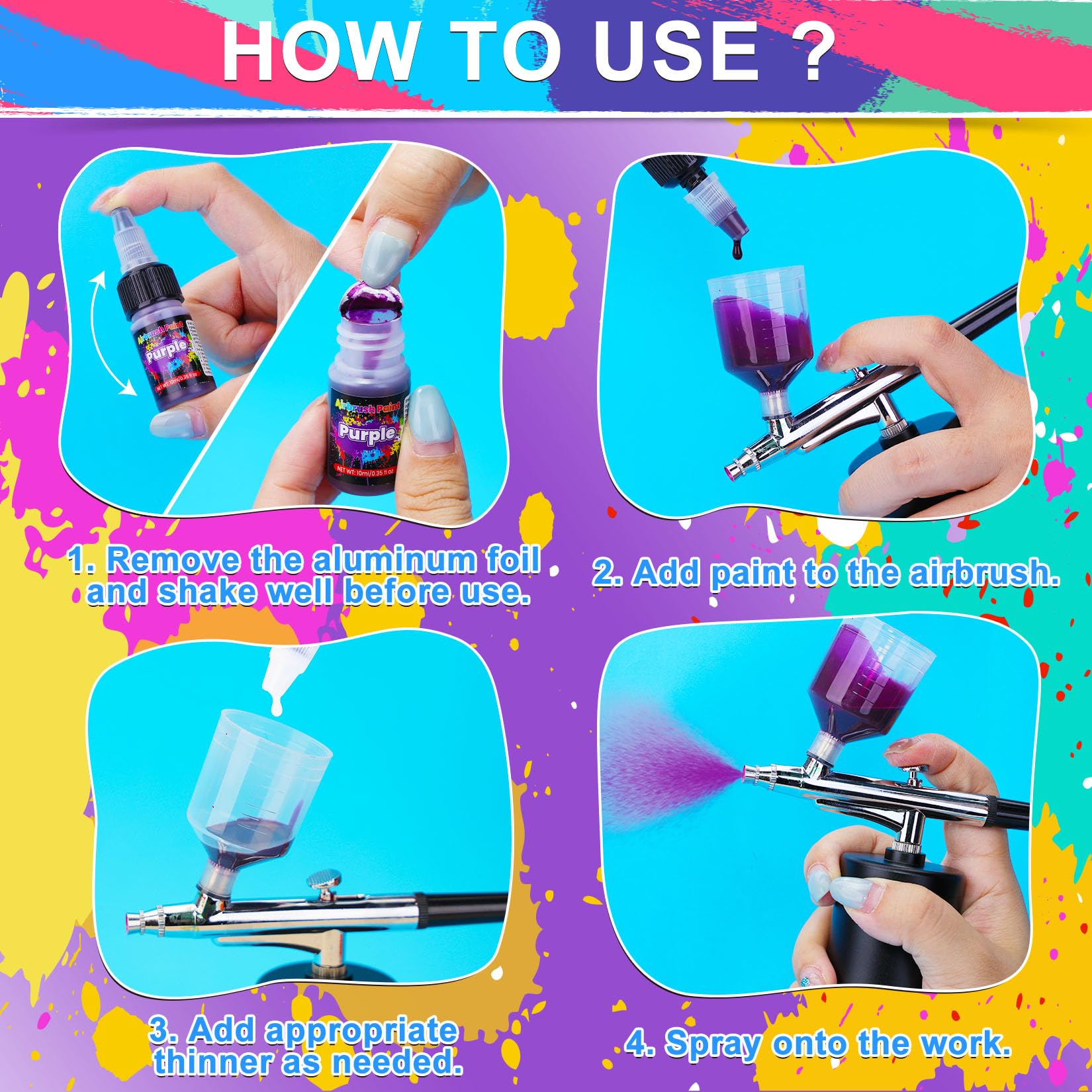 HXDZFX Airbrush Farben - 54 Farbe mit 2 Airbrush Thinner, Spritzfertiges Air Brush Farben, Schnell Trocknend Acrylfarben für Modellbau, Auto, Metall, Stoff, Künstler, Anfänger 4 Farbtypen