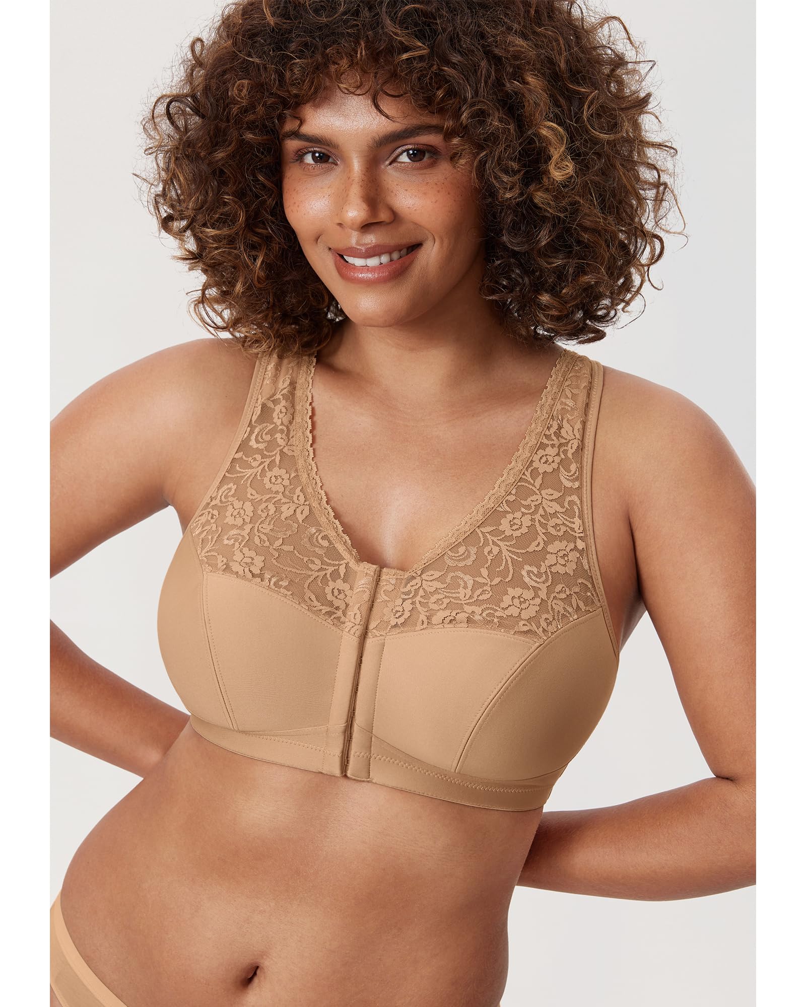DELIMIRA Biustonosze Damskie Zapinane Z Przodu Racerback Plus Size Bezprzewodowe Koronkowe Biustonosze Z Pełnym Pokryciem