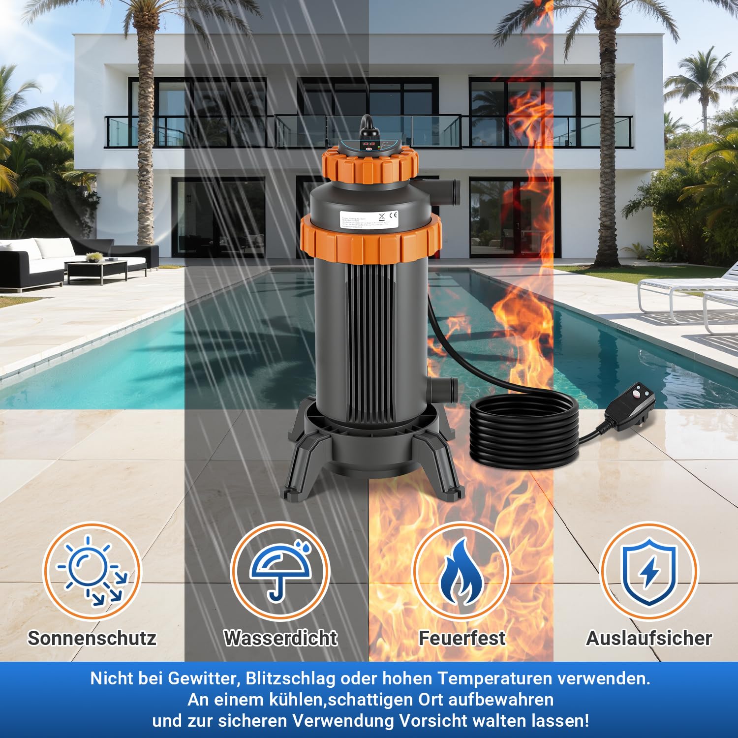 Fiqops Chauffage de Piscine électrique, Ø 29 x 42 cm Chauffage de Piscine électrique,Chauffage de Piscine,Protection Contre Les fuites, Protection Contre Le basculement, matériau Ignifuge