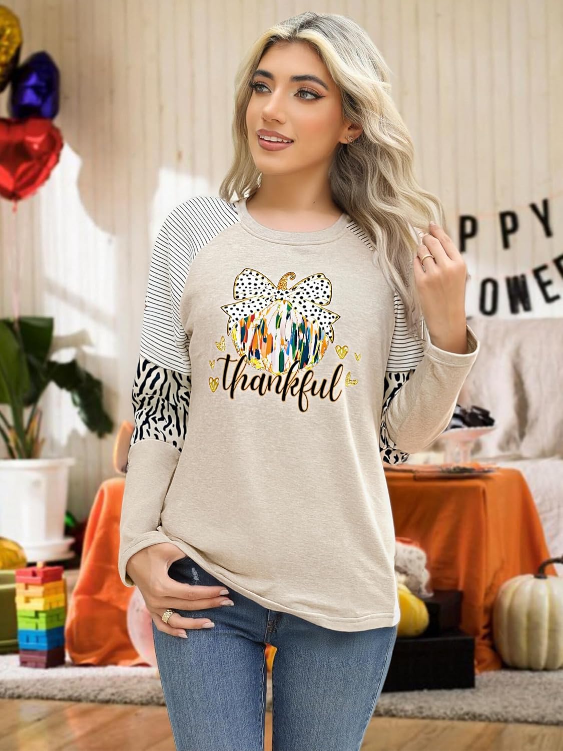 Thanksgiving Shirts Women Thankful Pumpkin T Shirt Grateful Blessed Print Long Sleeve Blouse Leopard Striped Fall Tee - Image 2