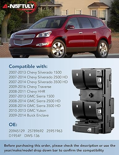 Miniatura 2 de Reemplazo del interruptor de ventana eléctrica del lado del conductor para Chevy Silverado 1500 2500 3500 2007-2013, Traverse, HHR, GMC Sierra,