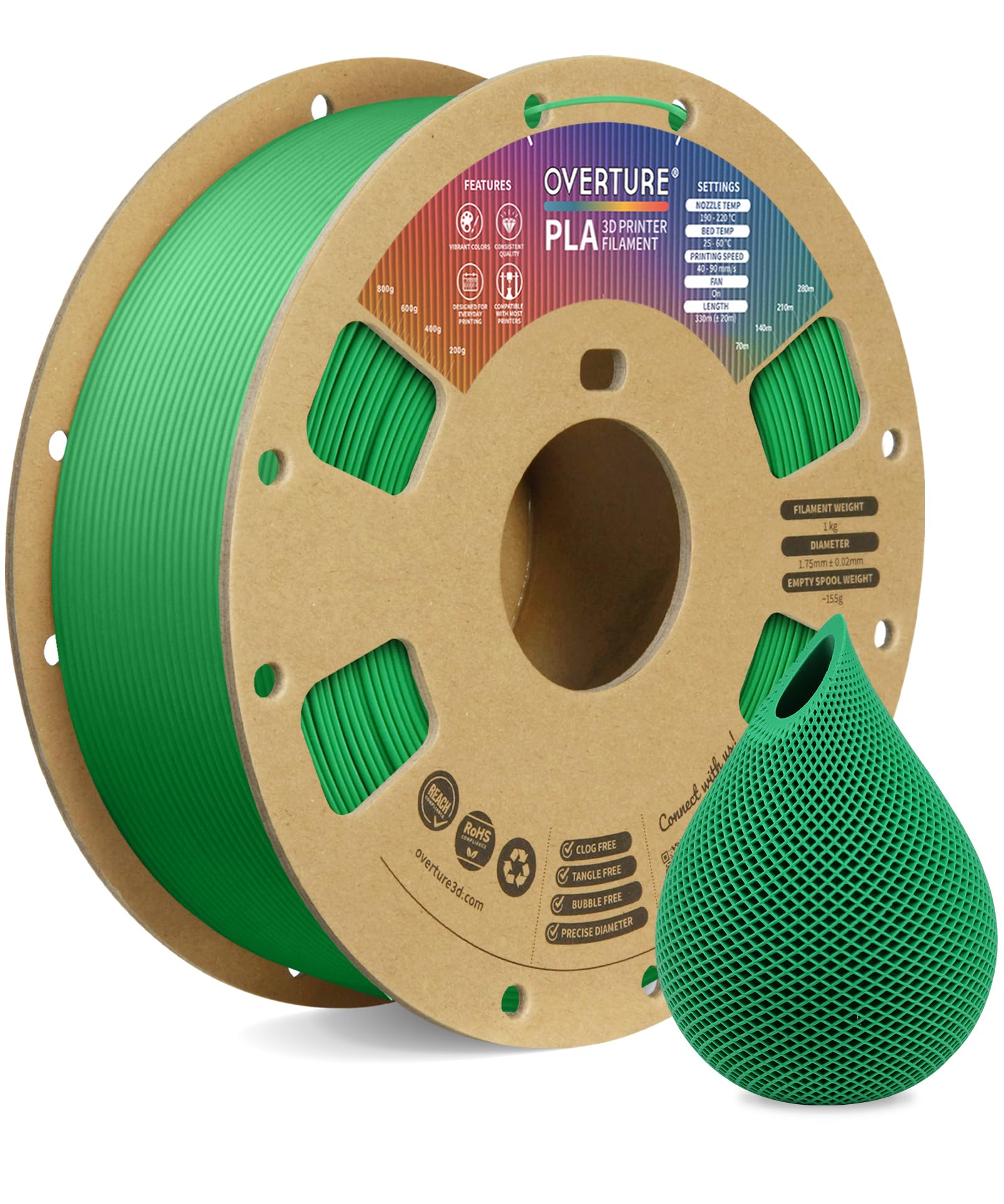 OVERTURE Filamento PLA 1.75mm, 1kg Bobina(2.2lbs), Precisione Dimensionale +/- 0.02 mm, per Stampante 3D (Green)
