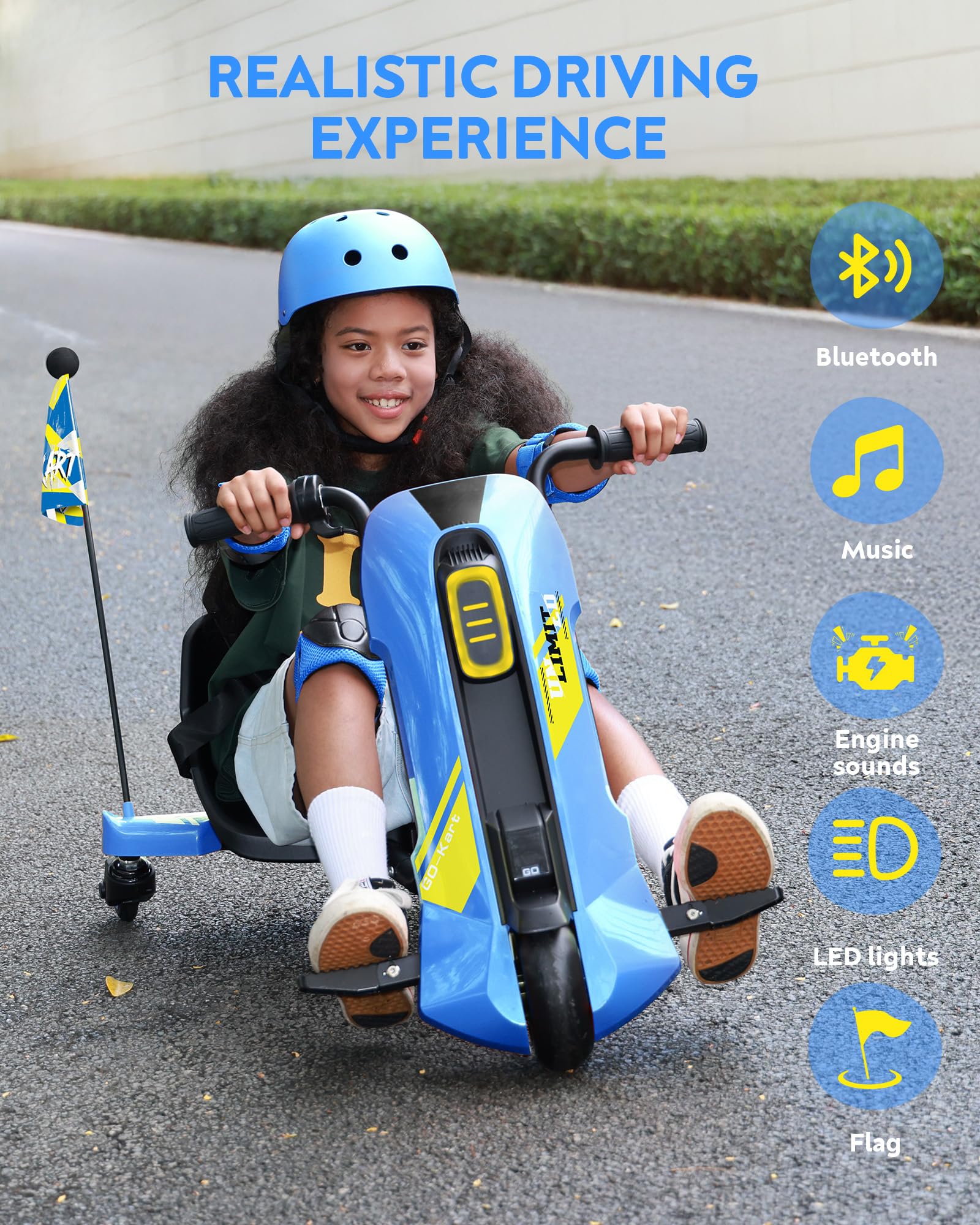 Electric Go Kart for Kids Ages 6-12- 12V Drifting Go Cart Shift - 360° Spin, Twist Grip, Stepless Speed, Max 5 MPH, 3 Adjustable Seat, Music, Bluetooth, Drift Kart for Rider up to 132 lbs, Blue