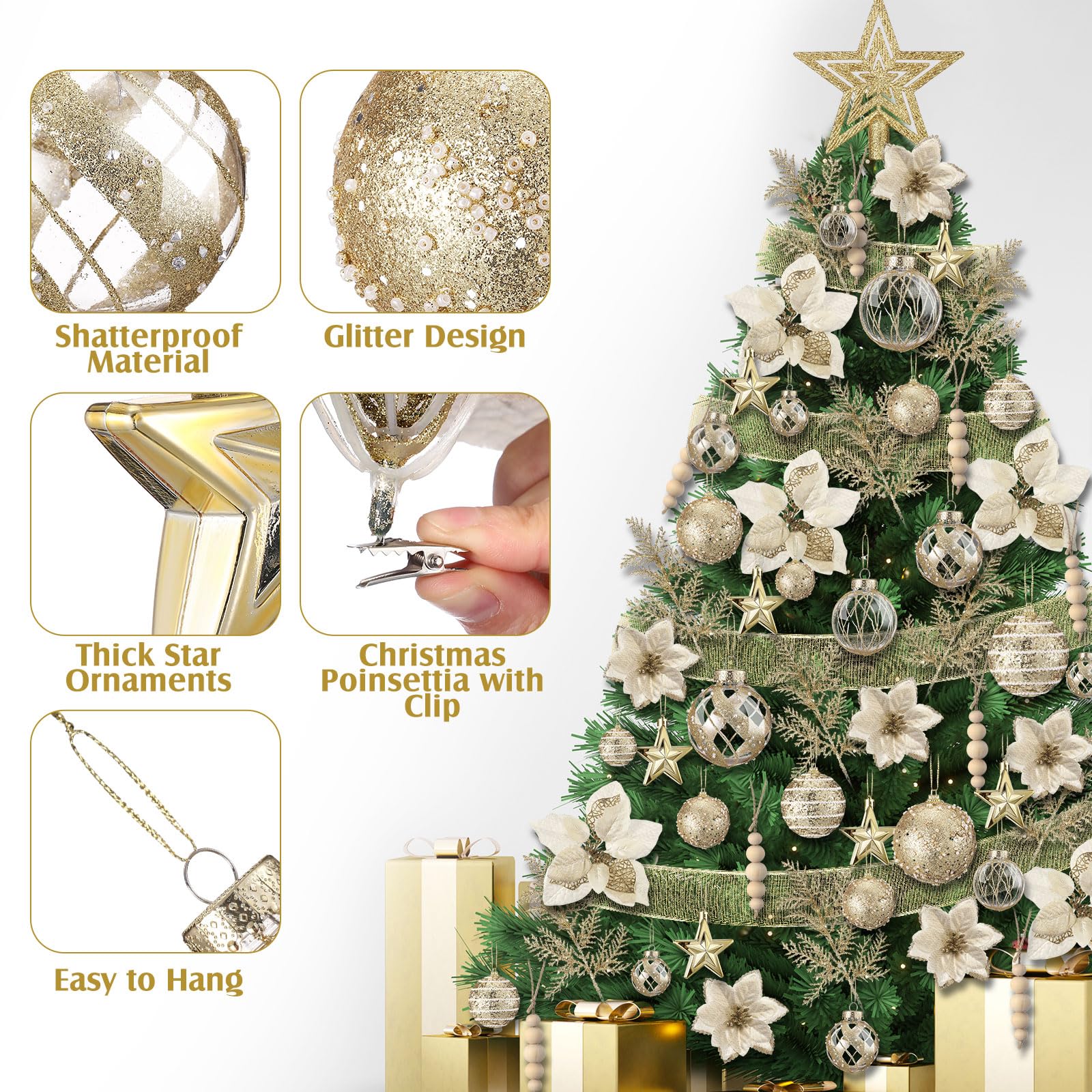 Jenaai Set di 89 ornamenti dorati per albero di Natale, stile bohémien, decorazioni natalizie, include palline per albero di Natale, stelle di Natale glitterate, perline di legno, nastro, aghi di