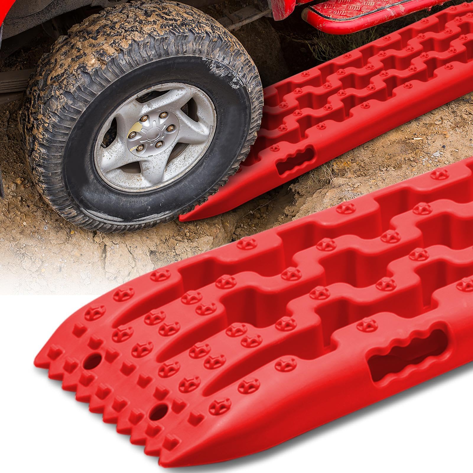Tablero de tracción 2 piezas de nieve de tracción ferroviaria fuera de la carretera Ayuda a rastrear escalera de neumáticos para barro, hojas de para autocaravanas, vehículos, camiones - rojo