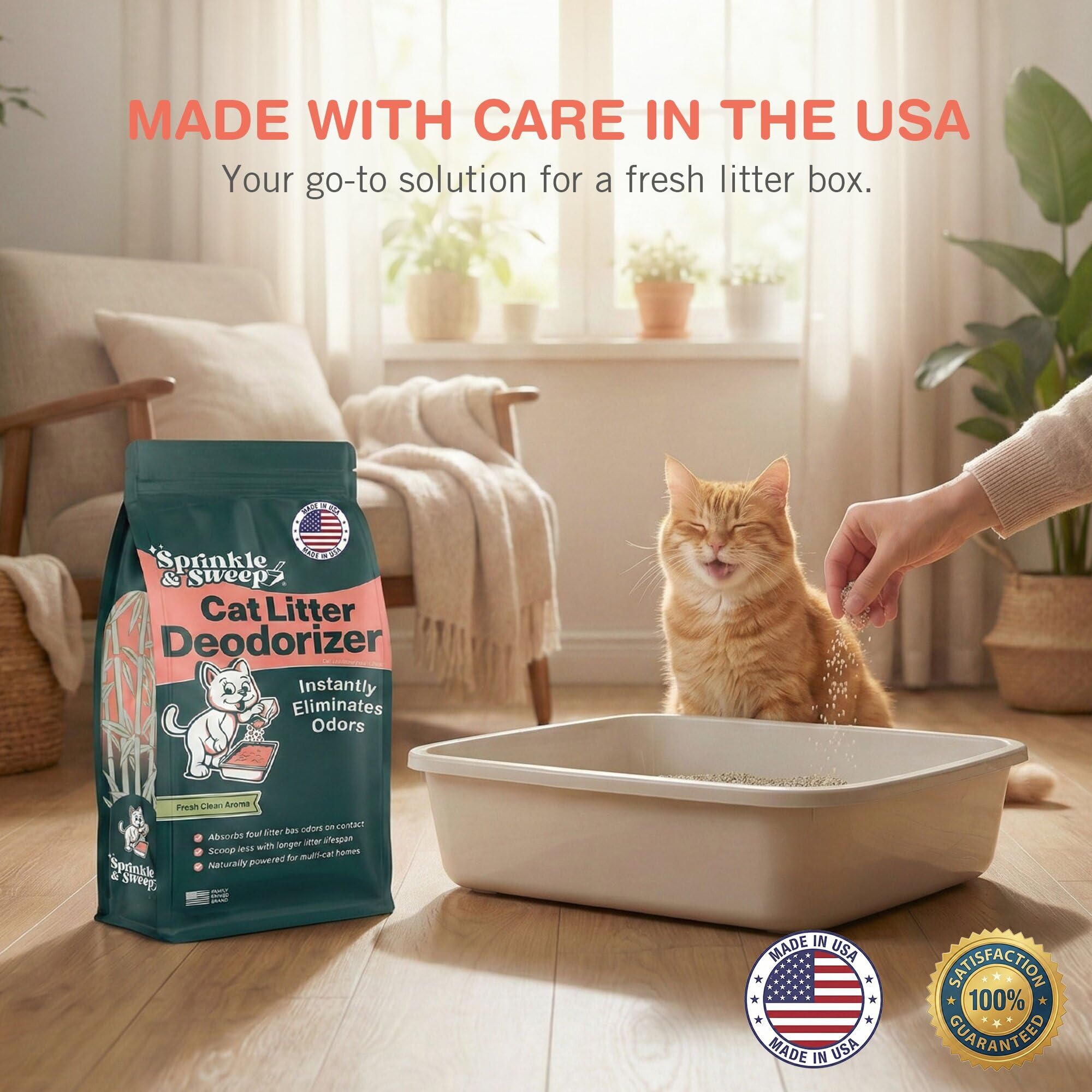 Sprinkle & Sweep Desodorante de caja de arena – Desodorante de arena para gatos no tóxico y seguro para gatitos – Desodorizador de arena elimina instantáneamente los olores sucios de arena y orina,