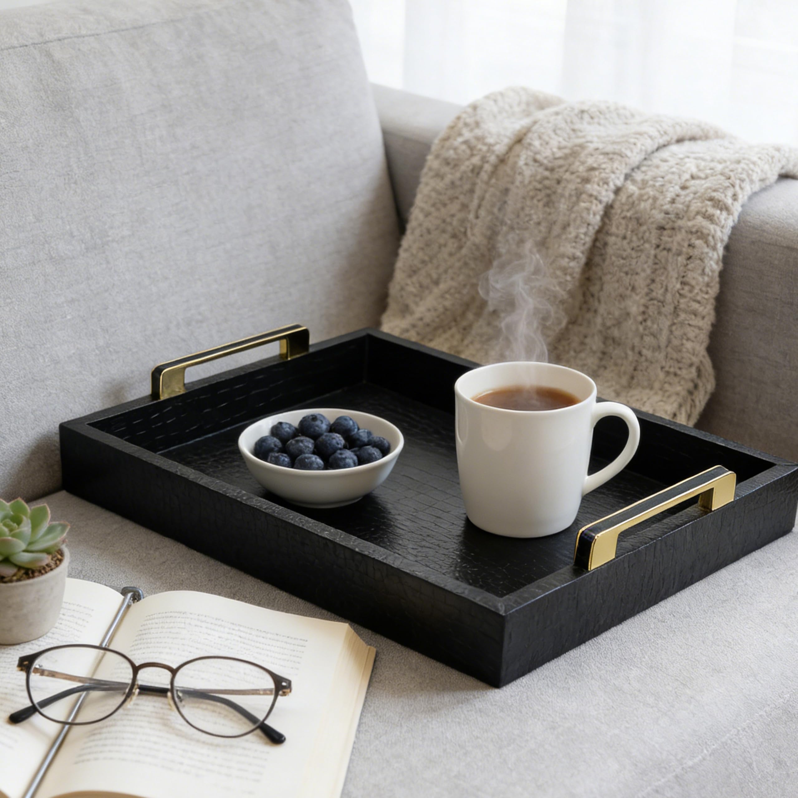 Bandeja de servir negra con asas, bandeja decorativa grande de piel sintética de cocodrilo, mesa de café, bandejas rectangulares otomanas para decoración del hogar, para todas las