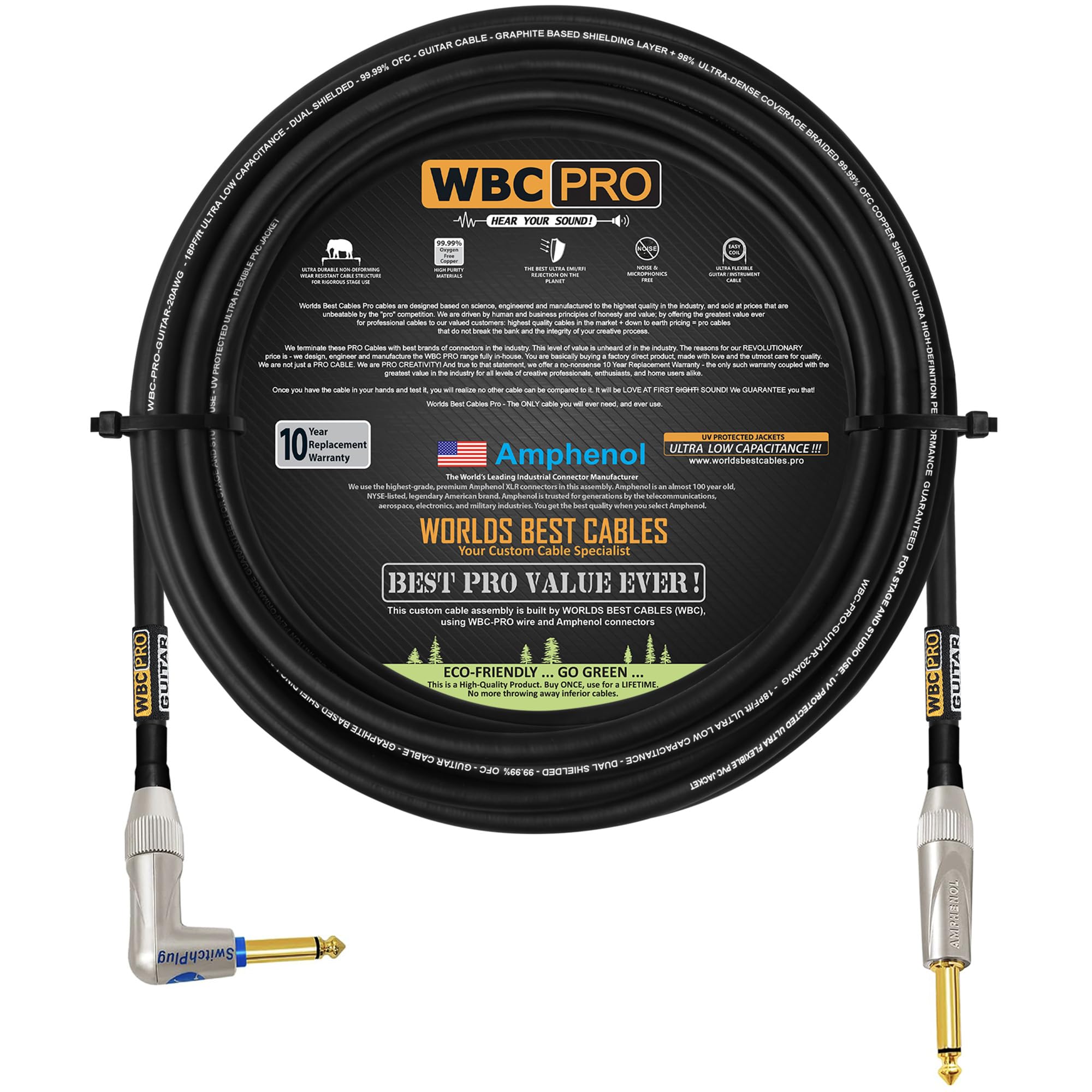 WBC-PRO-Guitarra de 25 pies – 20 AWG – Baja tapa (18pF/ft) – Grado profesional – a base de grafito – Cable de instrumento de guitarra de doble blindaje con Amphenol recto – en ángulo (silencioso) ¼