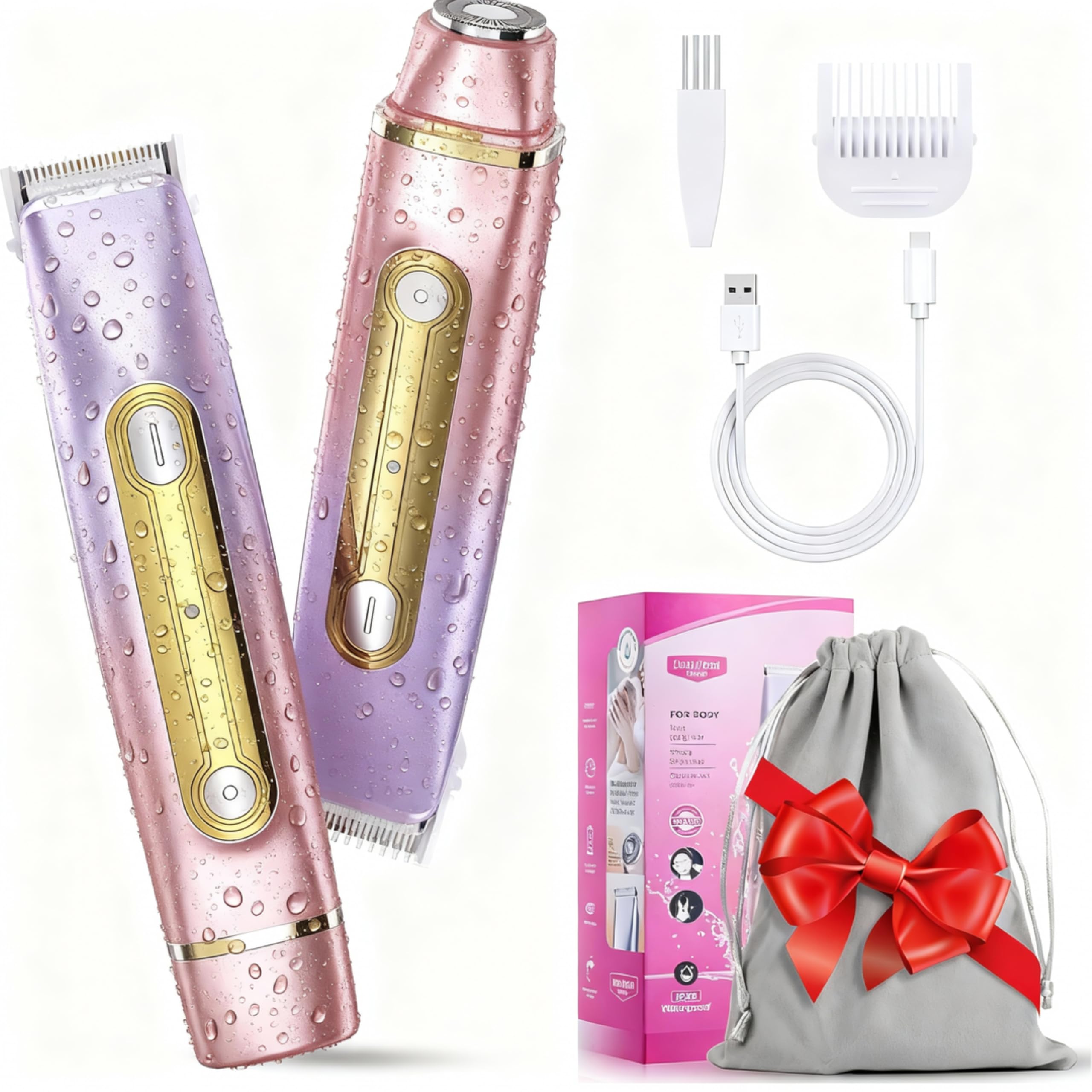 2 in 1 Electric Bikini Shaver for Women - 2025 Dual Head Bikini Trimmer for Women IPX7 Waterproof Wet & Dry Use Bikini Razor for Travel Rechargeable Electric Razor for Underarm Leg Arm,Purple